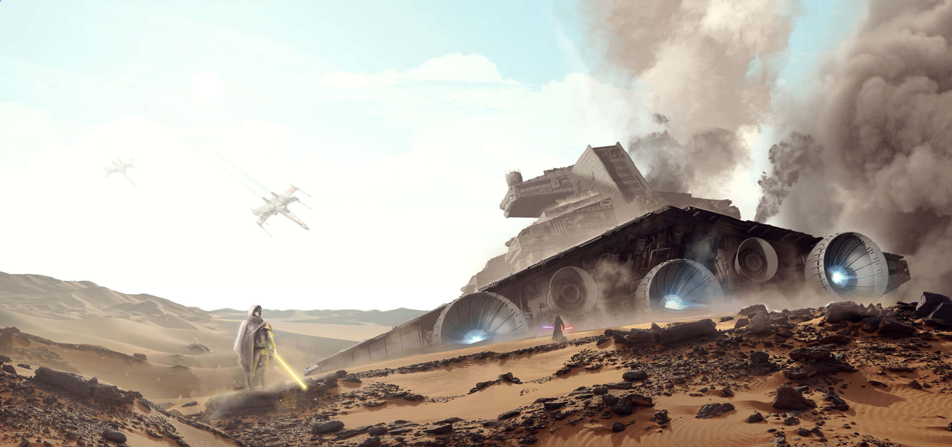 Jakku 桌布 壁紙 — 一個孤獨的身影手持發光劍，站在荒蕪沙漠中一艘墜毀的太空船前，戰鬥機從頭頂飛過。