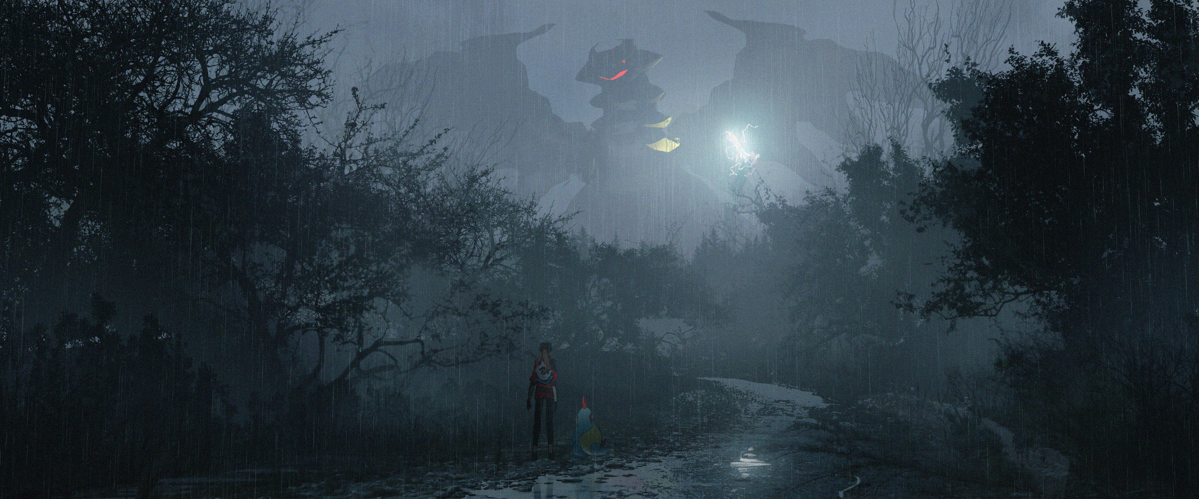 Giratina 桌布 壁紙 — 一個孤獨的身影手持發光燈籠，走在一條被雨水打濕的小徑上，穿過迷霧森林，遠處有一個巨大的陰影若隱若現。