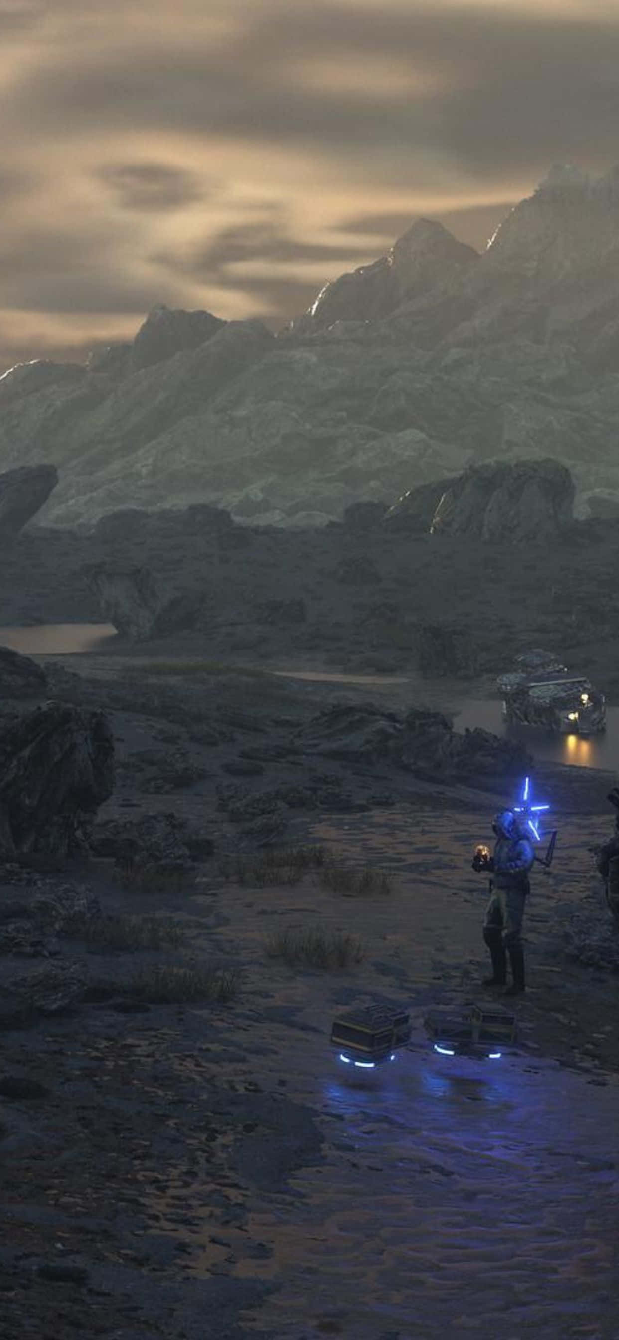 iPhone Xs Max Death Stranding 桌布 壁紙 — 一個孤獨的身影手持發光的藍色劍，站在黃昏時分荒涼的外星峽谷中，旁邊是一輛未來風格的車輛。