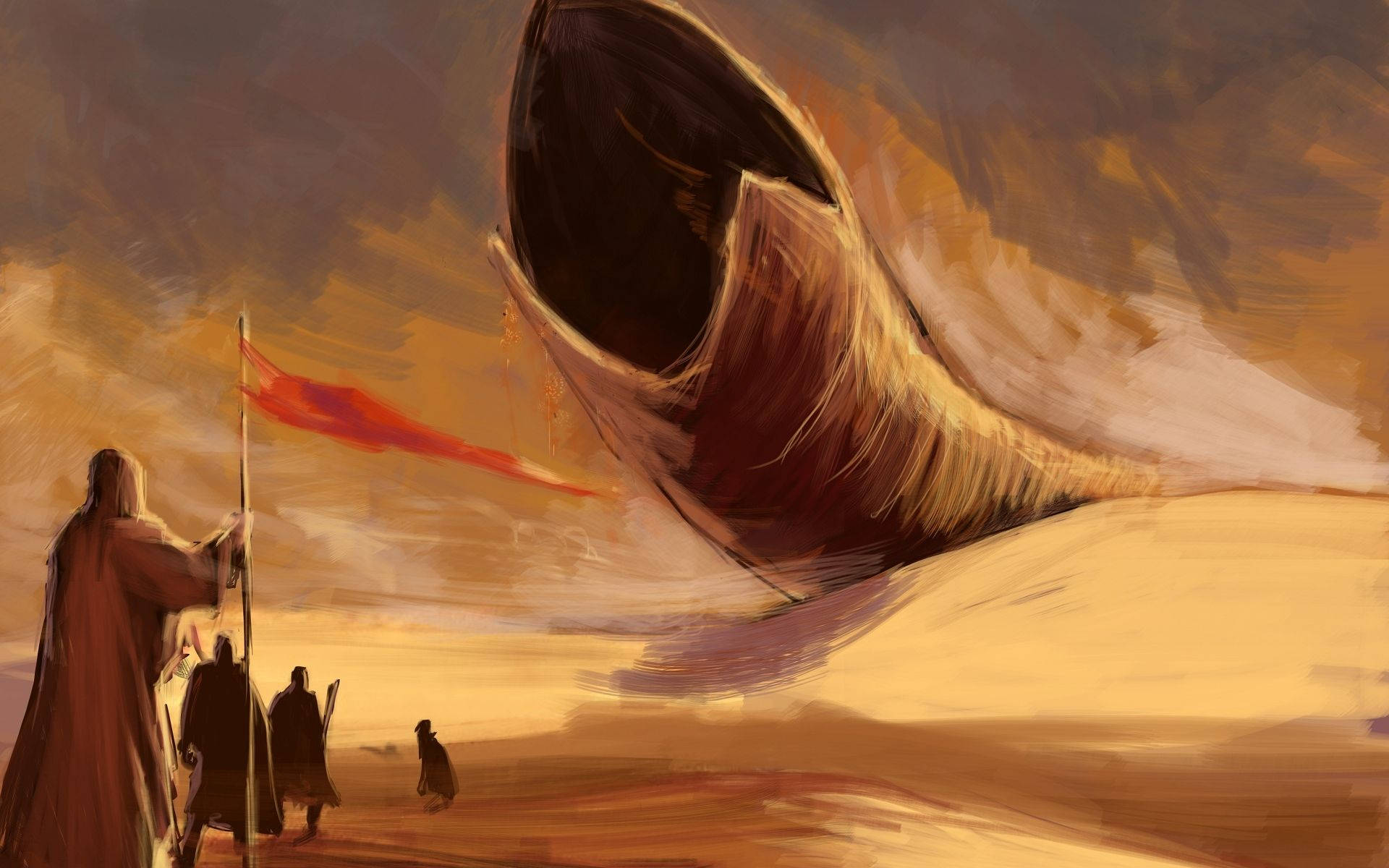 Dune Movie 桌布 壁紙 — 一個孤獨的身影手持紅旗，站在一個從沙漠中冒出、在暴風雨天空下的巨大不祥號角前。