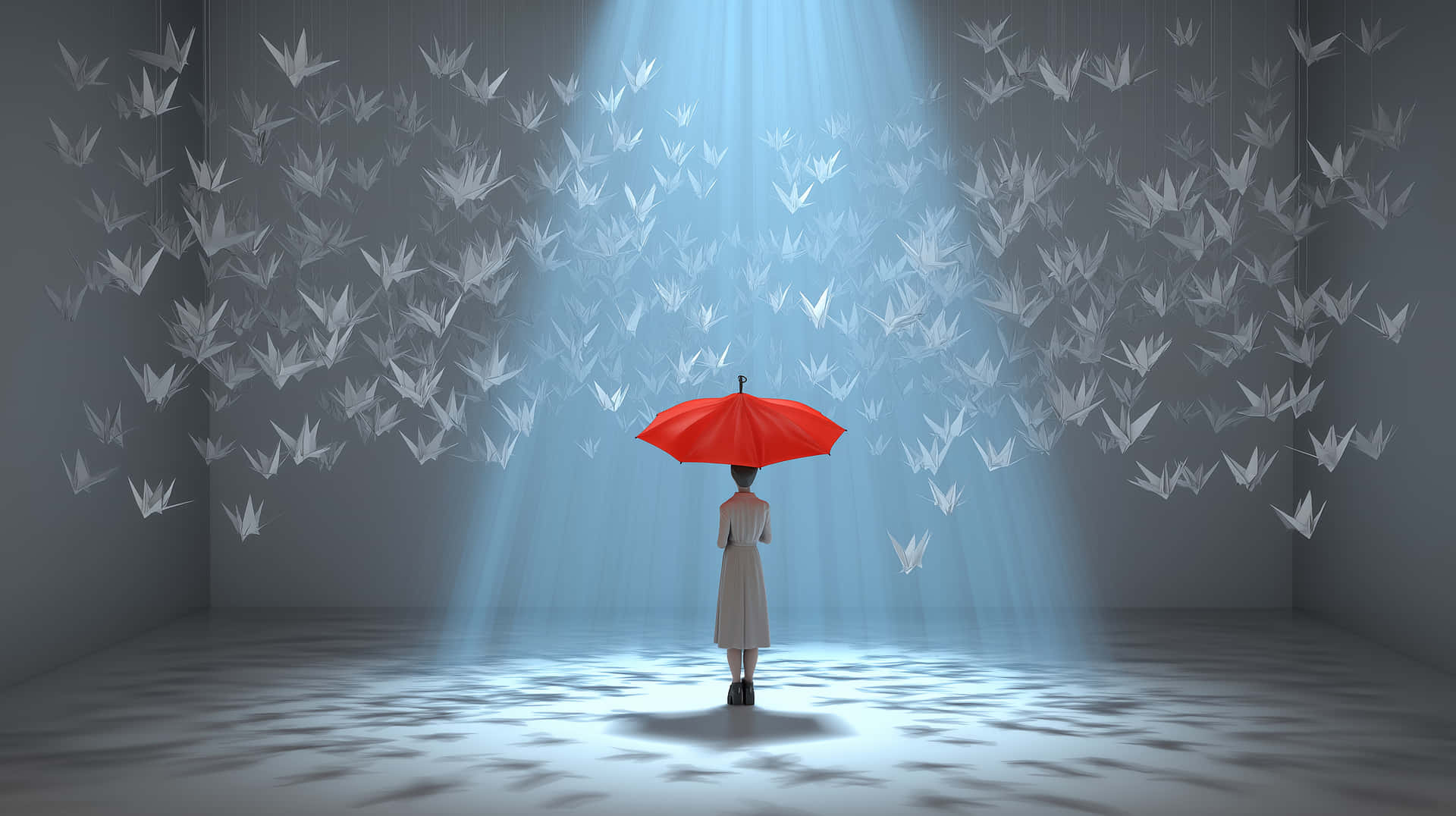 Lone Figure Under Spotlight with Red Umbrella Amidst Origami Swarm 壁紙 — 一個孤獨的身影手持紅色雨傘，站在聚光燈下，周圍漂浮著白色摺紙鶴，身處簡約灰色房間。