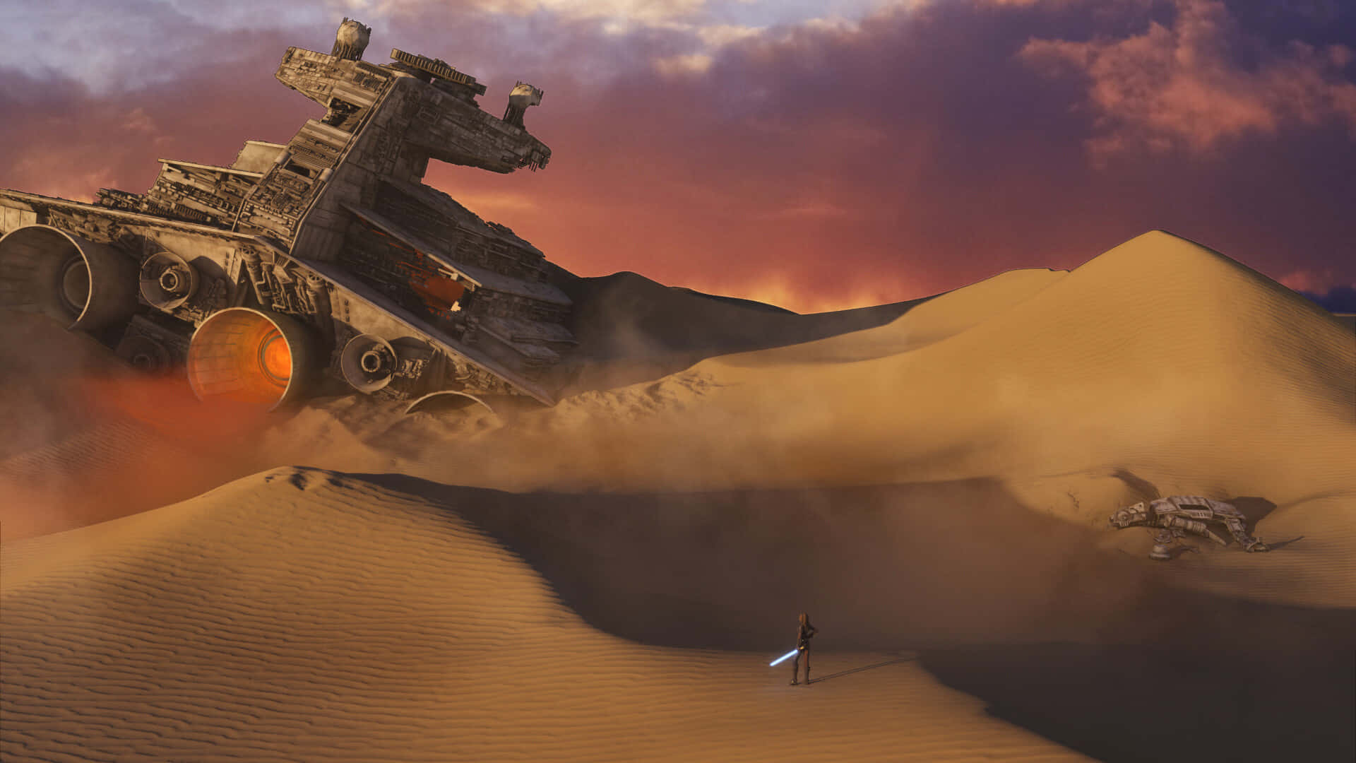 Jakku 桌布 壁紙 — 一個孤獨的身影手持藍色光劍，站在墜毀在沙漠沙土中的星際毀滅者前，背景是熾熱的日落天空。