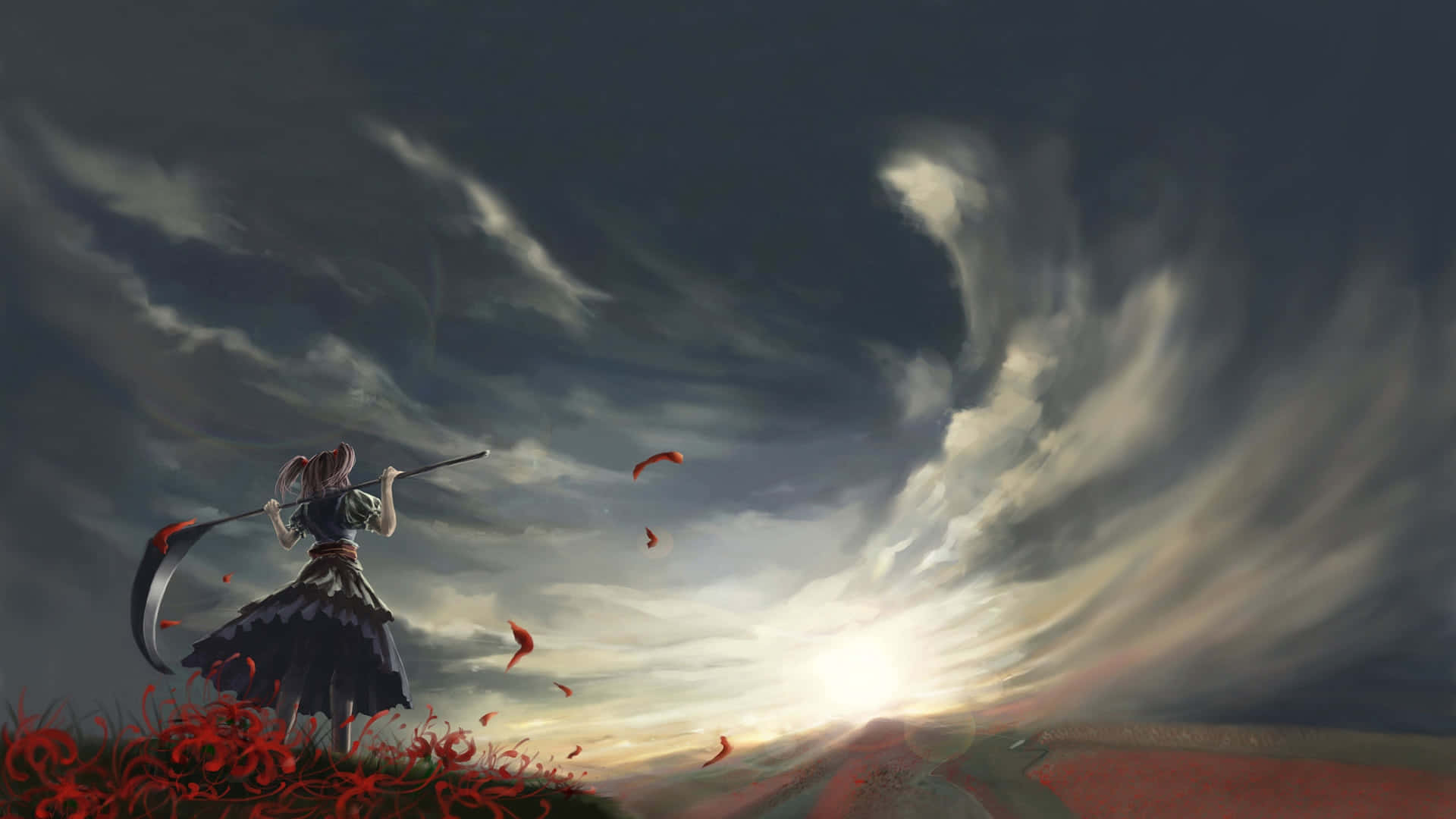 Scythe 桌布 壁紙 — 一個孤獨的身影手持鐮刀，站在紅花山丘上，旋轉的暴風雲層分開，露出燦爛的太陽。