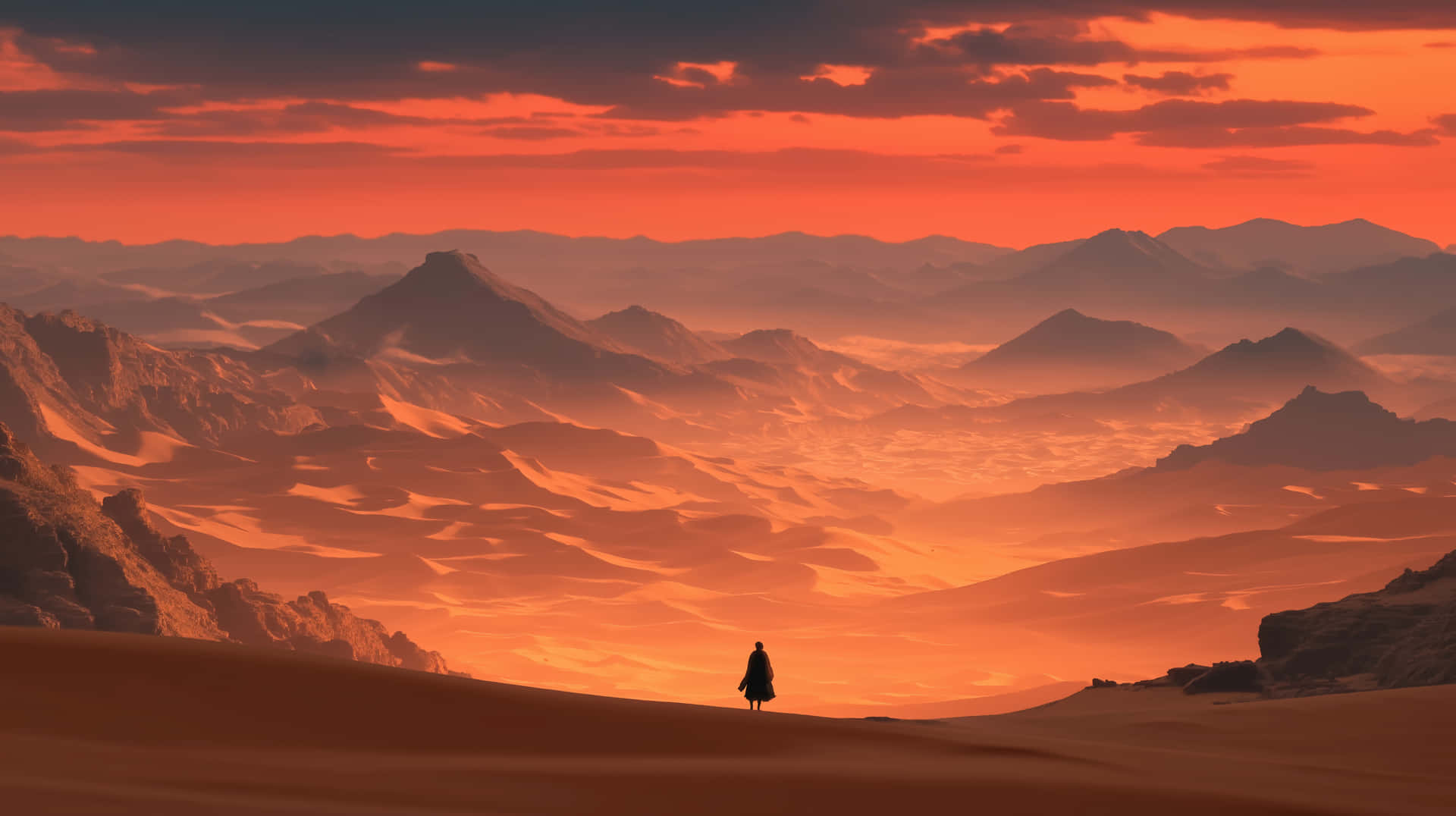 Moody editorial desert portrait of a lone Bedouin 壁紙 — 一個孤獨的身影披著斗篷，站在沙丘頂端，俯瞰著火紅夕陽下無盡的橙色山脈。