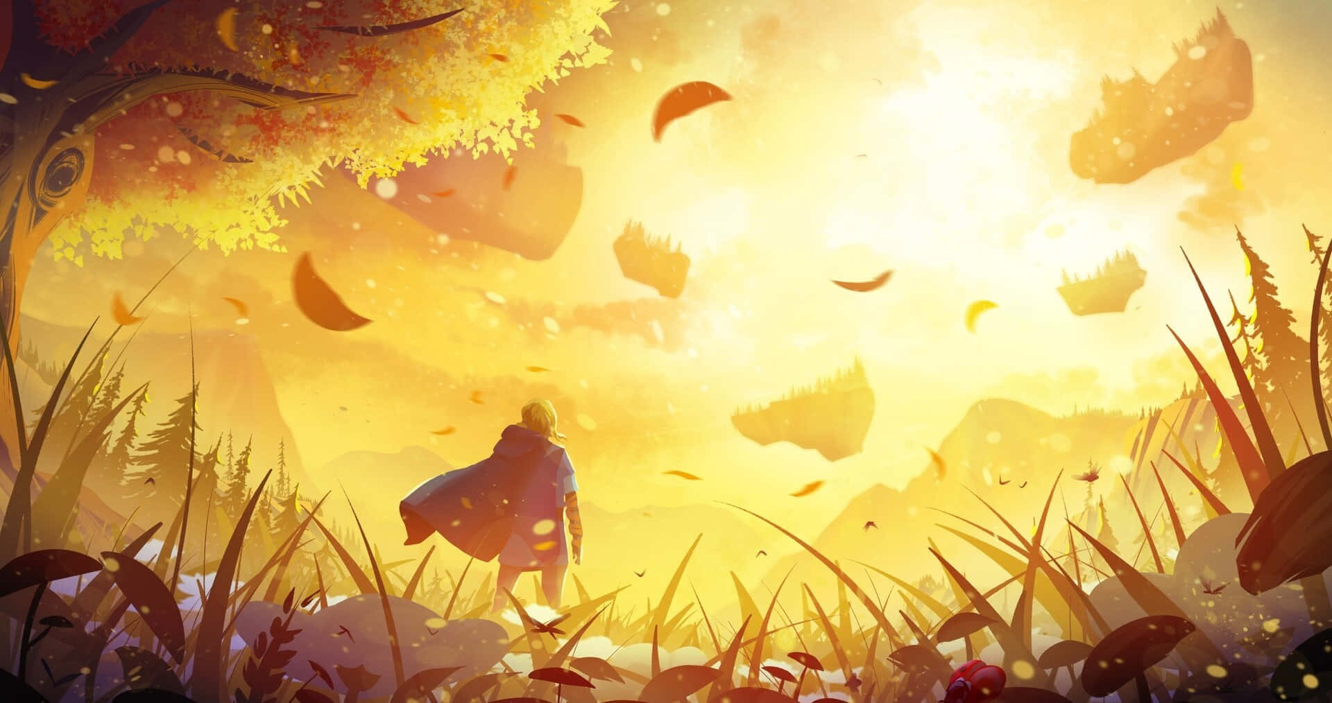 The Legend Of Zelda Tears Of The Kingdom 桌布 壁紙 — 一個孤獨的身影披著斗篷，走過高草叢，在金色天空下，秋葉飄落在浮島周圍。