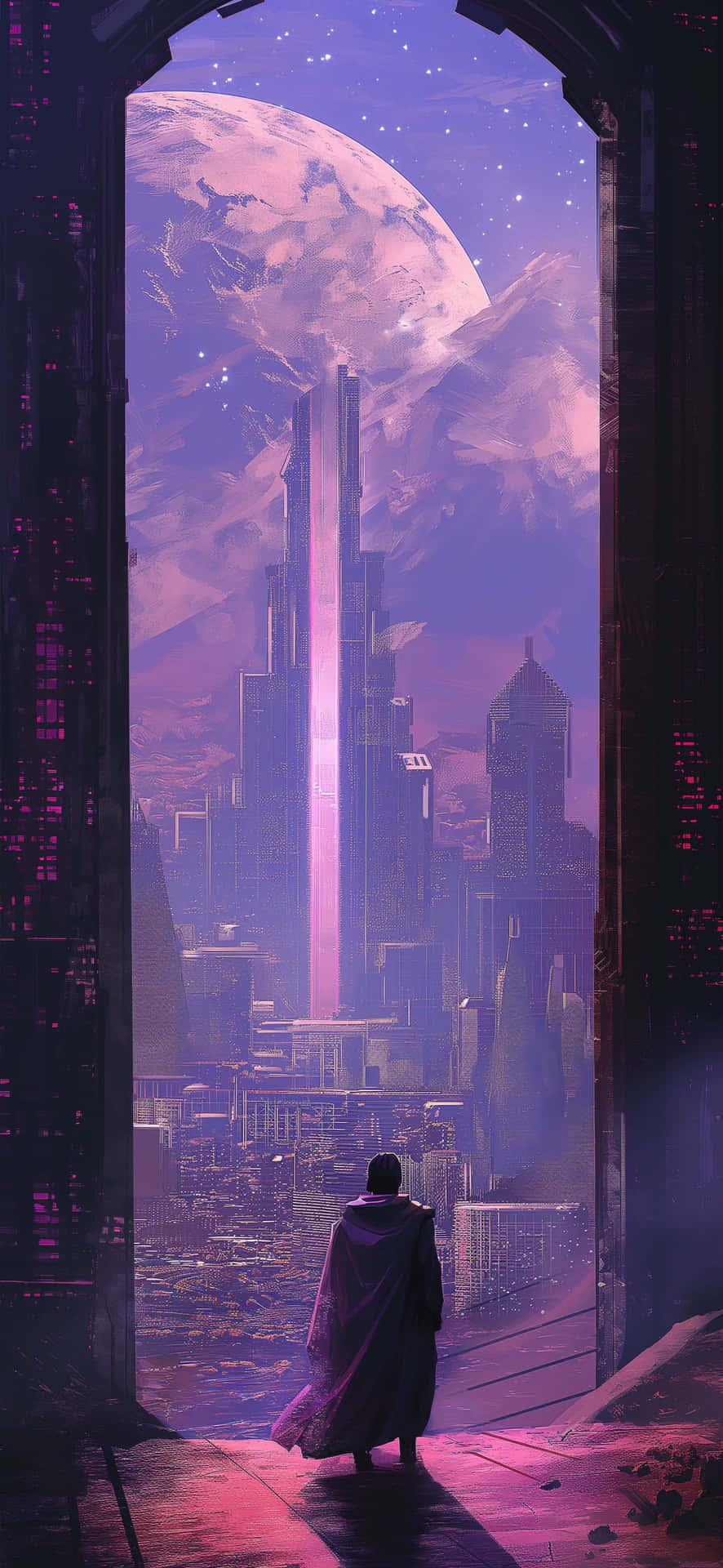 4K Anime Colour Wallpaper 壁紙 — 一個孤獨的身影披著斗篷站在石拱門中，凝視著巨月和星空下的一座未來城市。
