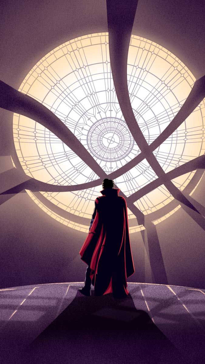Dr Strange 桌布 壁紙 — 一個孤獨的身影披著紅色斗篷，在未來主義大教堂中，敬畏地站在一個巨大的發光圓形天窗下。