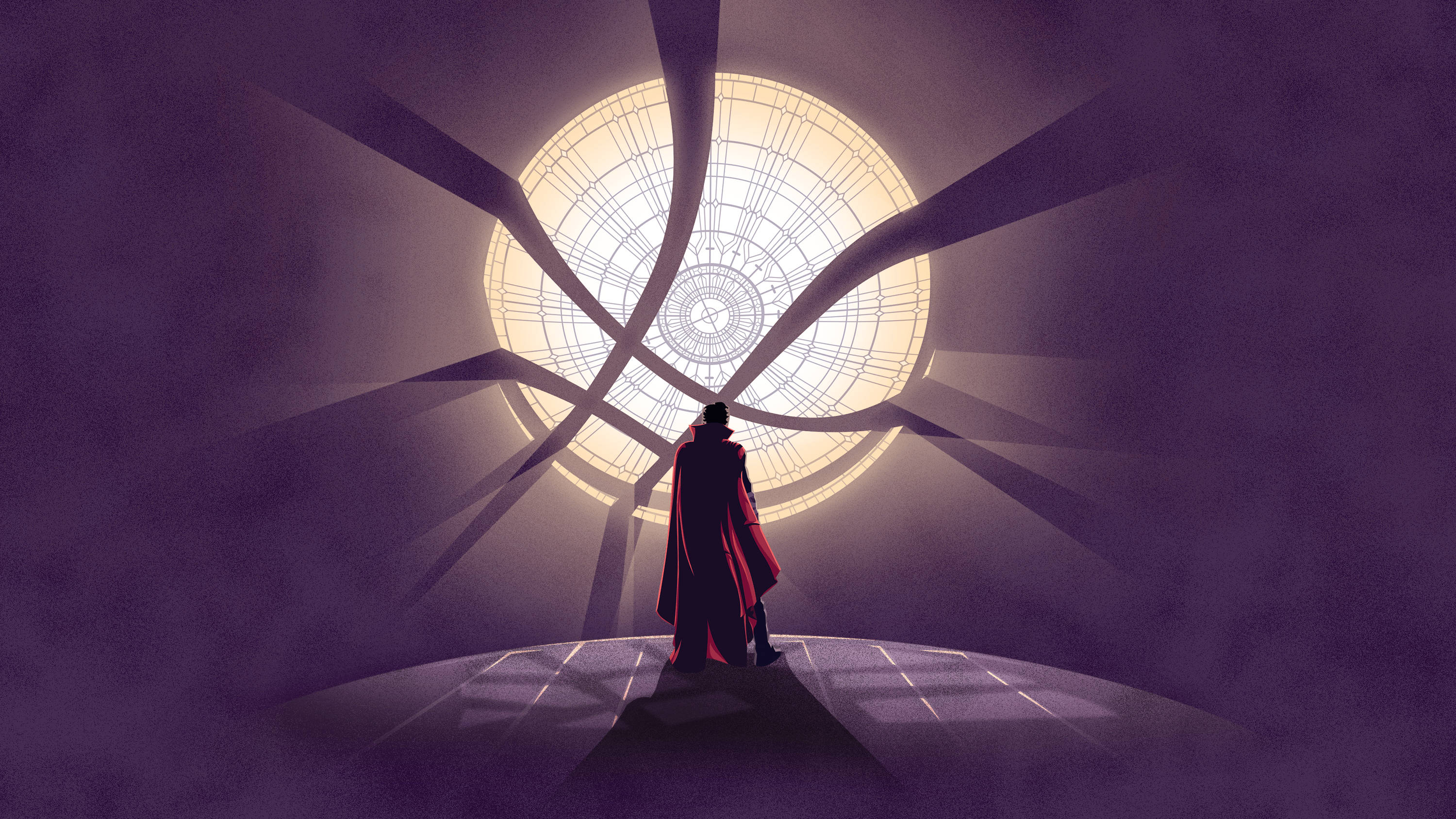 Dr Strange 桌布 壁紙 — 一個孤獨的身影披著紅色斗篷，站在一個紫色調、幾何抽象的房間裡，下方是發光的圓形天窗。