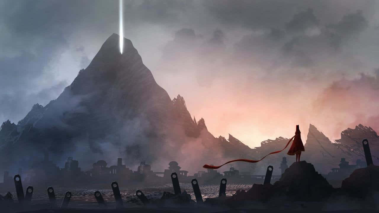 game 桌布 壁紙 — 一個孤獨的身影披著紅色斗篷，站在廢墟之上，俯瞰著霧氣籠罩的山脈，暮色蒼穹中有一道發光的光束降下。