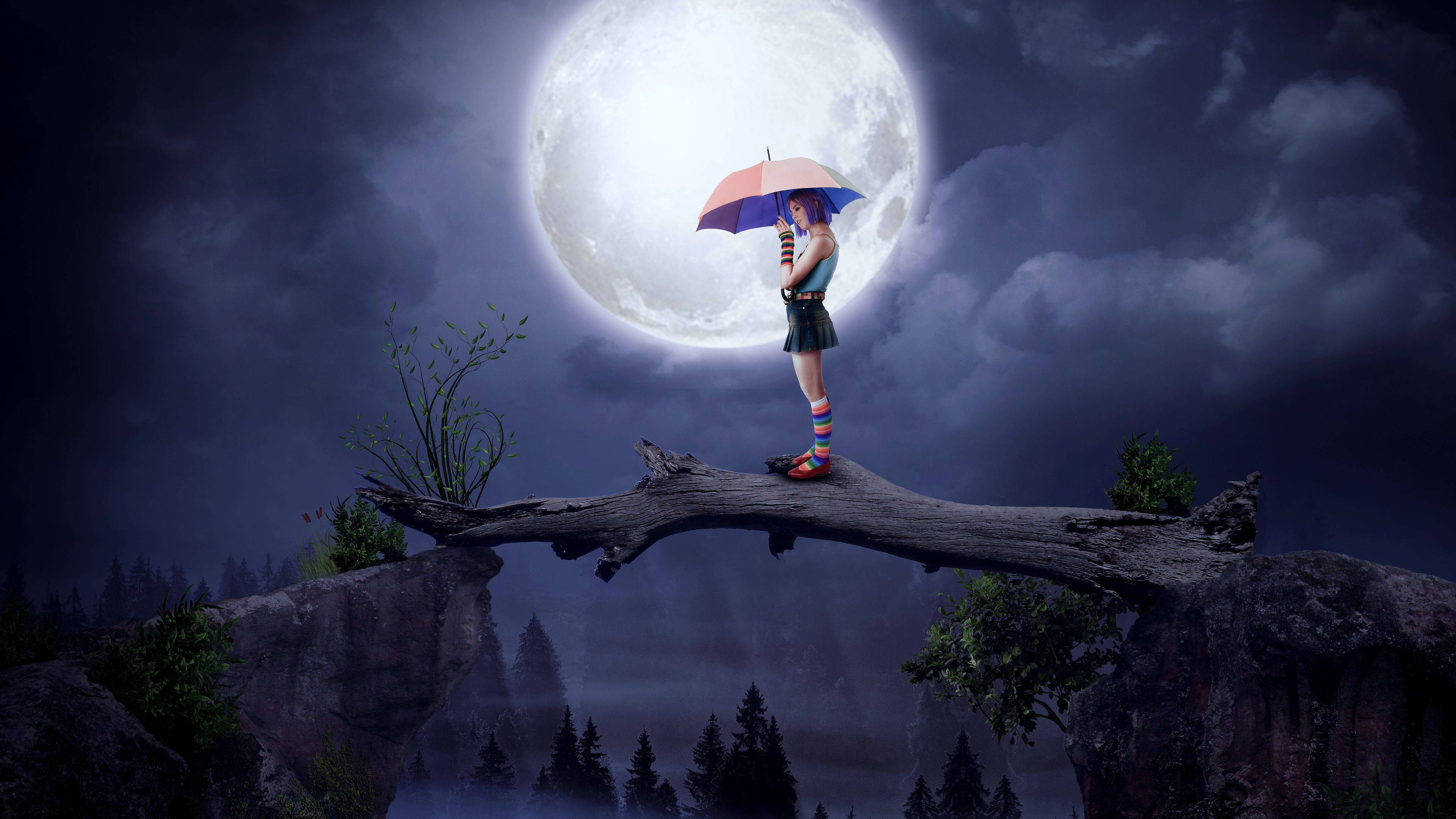 Umbrella 桌布 壁紙 — 一個孤獨的身影拿著彩色雨傘，站在一棵倒下的樹幹橋上，在夜間霧氣瀰漫的森林中，頭頂是一輪巨大的發光月亮。