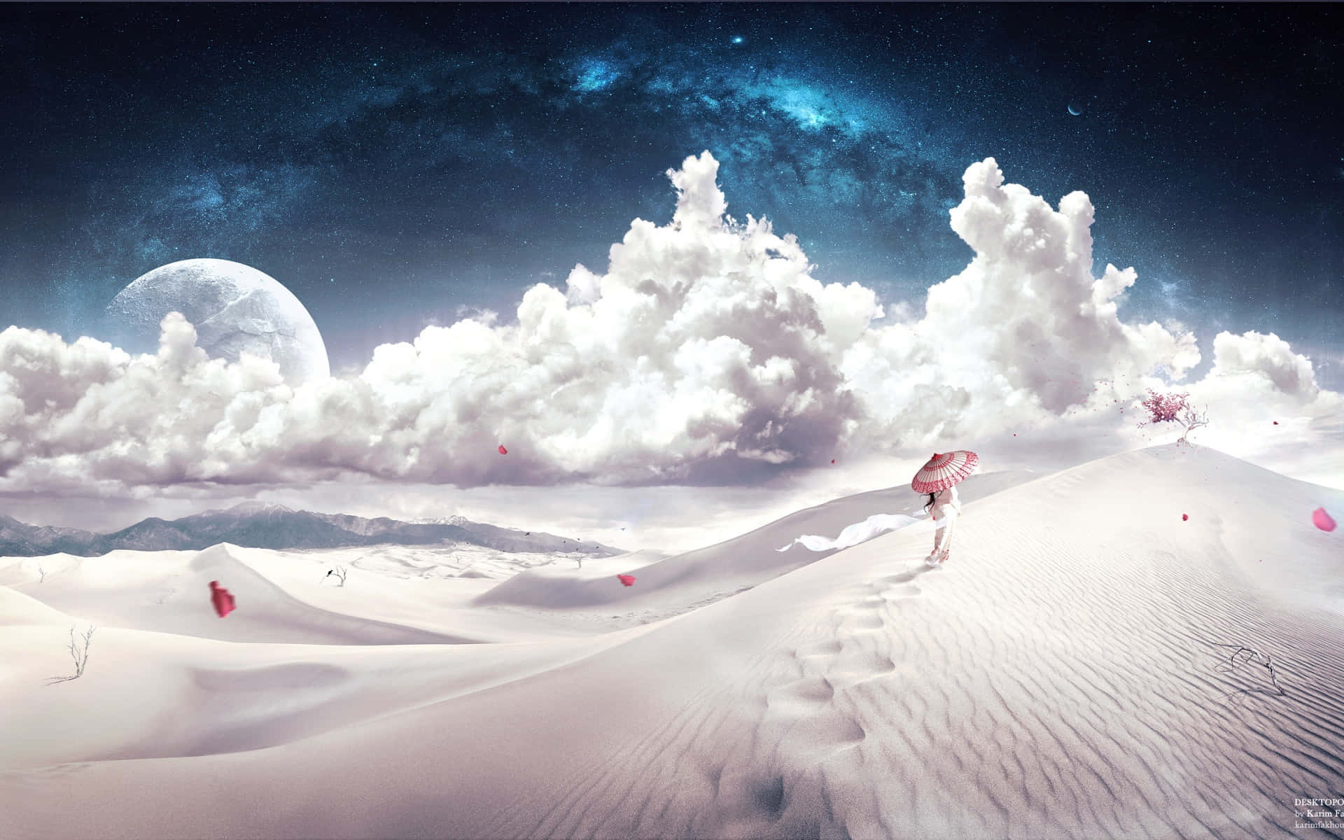Beautiful Heaven 桌布 壁紙 — 一個孤獨的身影拿著粉紅色雨傘，在星空下穿過雪沙漠，天空中有新月和遠山。