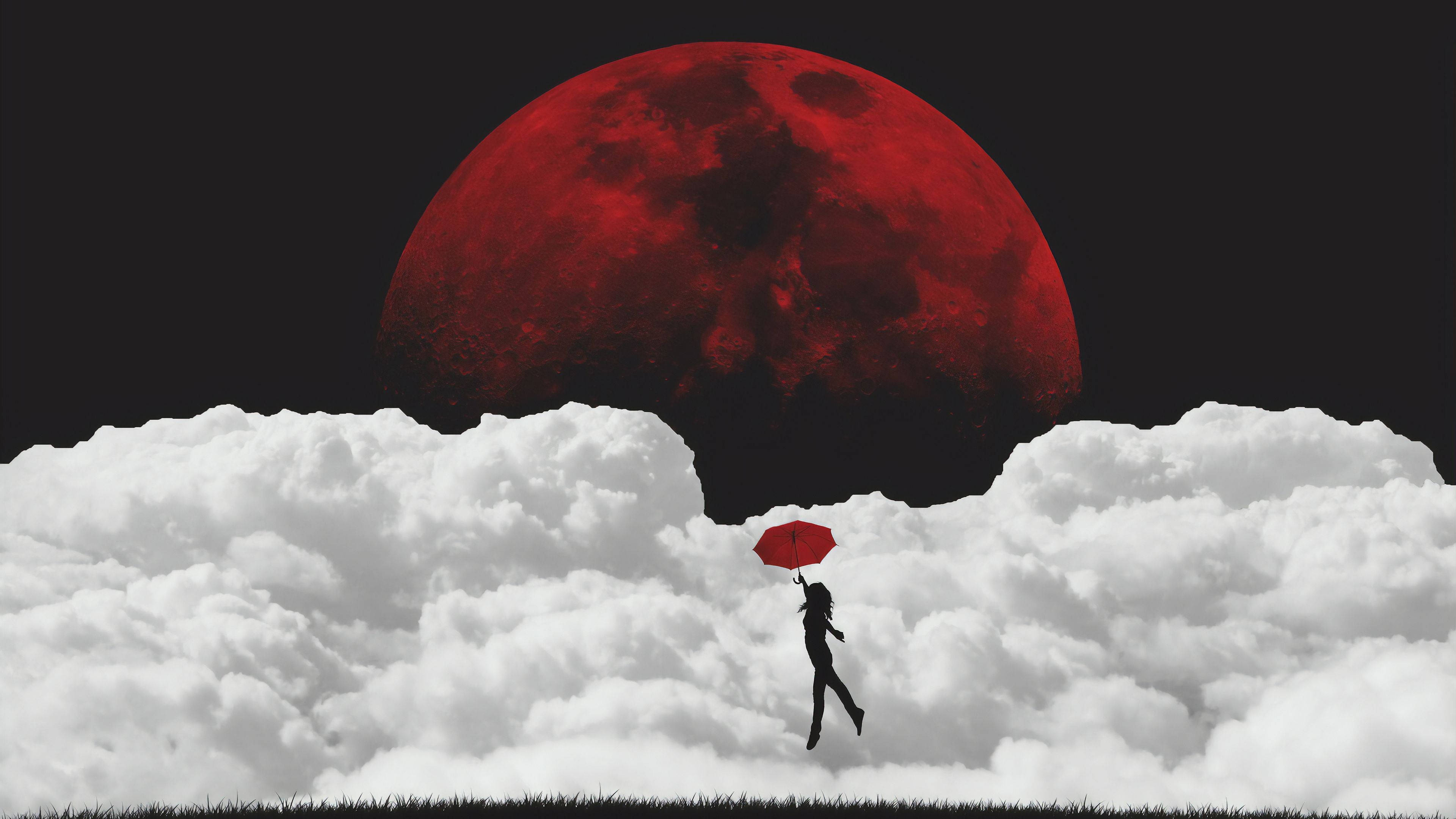 Umbrella 桌布 壁紙 — 一個孤獨的身影拿著紅色雨傘，漂浮在蓬鬆的雲層之上，下方是一輪巨大的深紅色月亮。