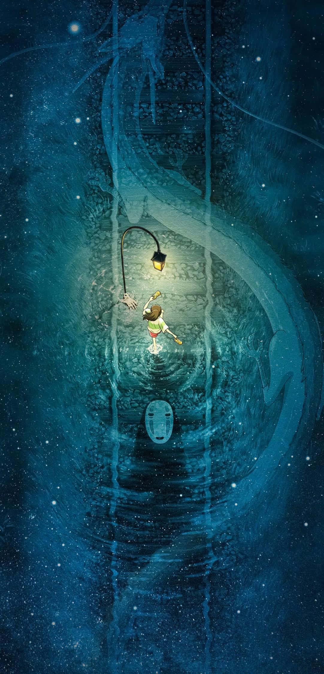Studio Ghibli Phone 桌布 壁紙 — 一個孤獨的身影提著燈籠漂浮在一個星空的藍色隧道中，形狀像龍的脊椎。