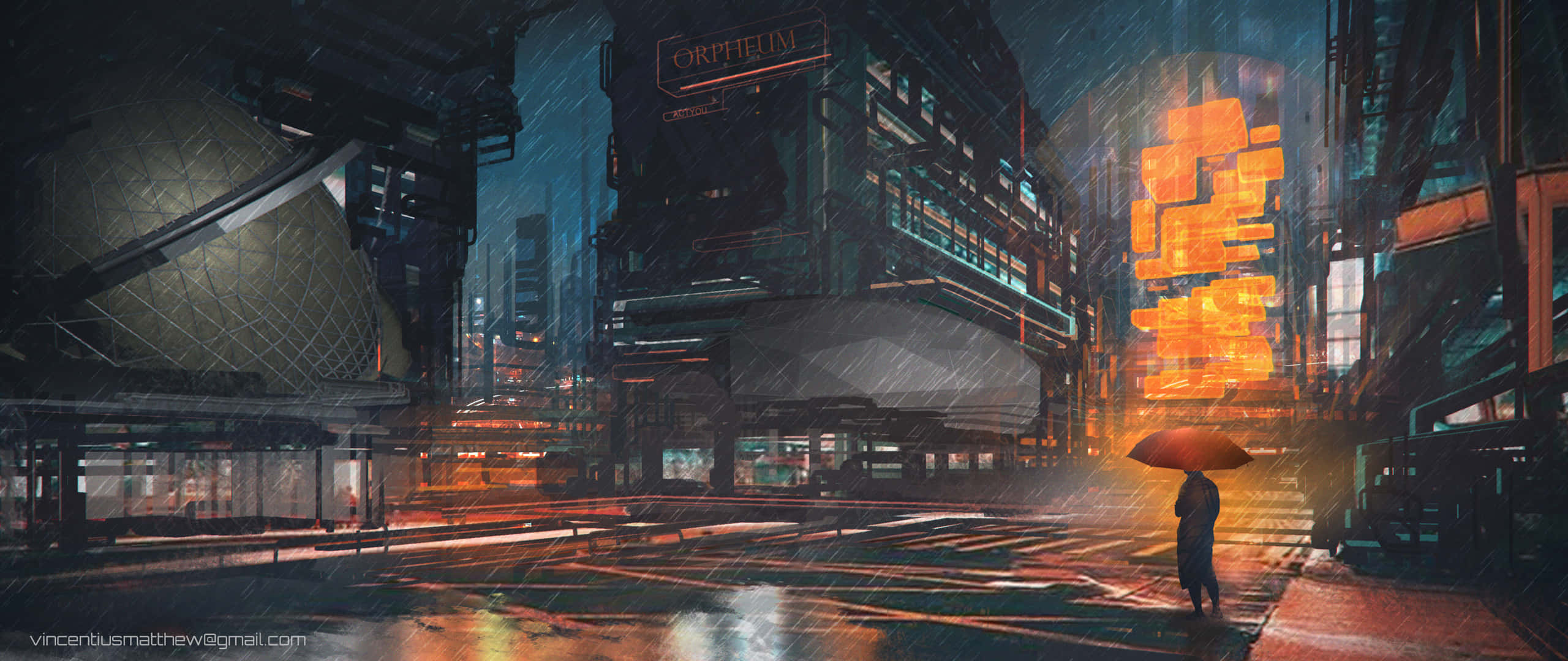 City At Night 桌布 壁紙 — 一個孤獨的身影撐著傘，在夜晚穿過被雨水浸濕、霓虹閃爍的賽博龐克城市景觀。