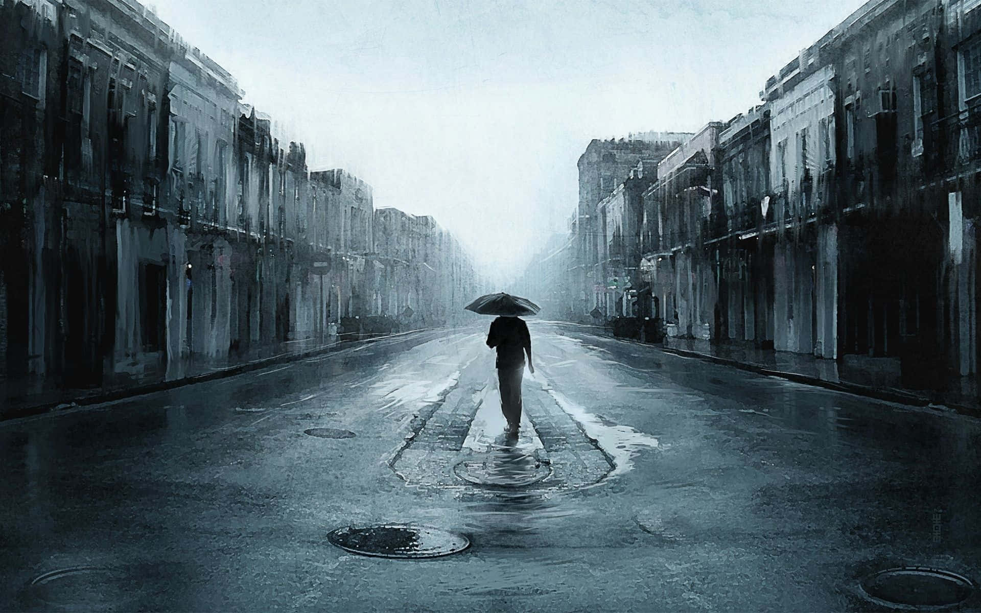 Raining 桌布 壁紙 — 一個孤獨的身影撐著傘，在灰濛濛的天空下，沿著兩旁高樓林立的霧雨濕滑城市街道行走。