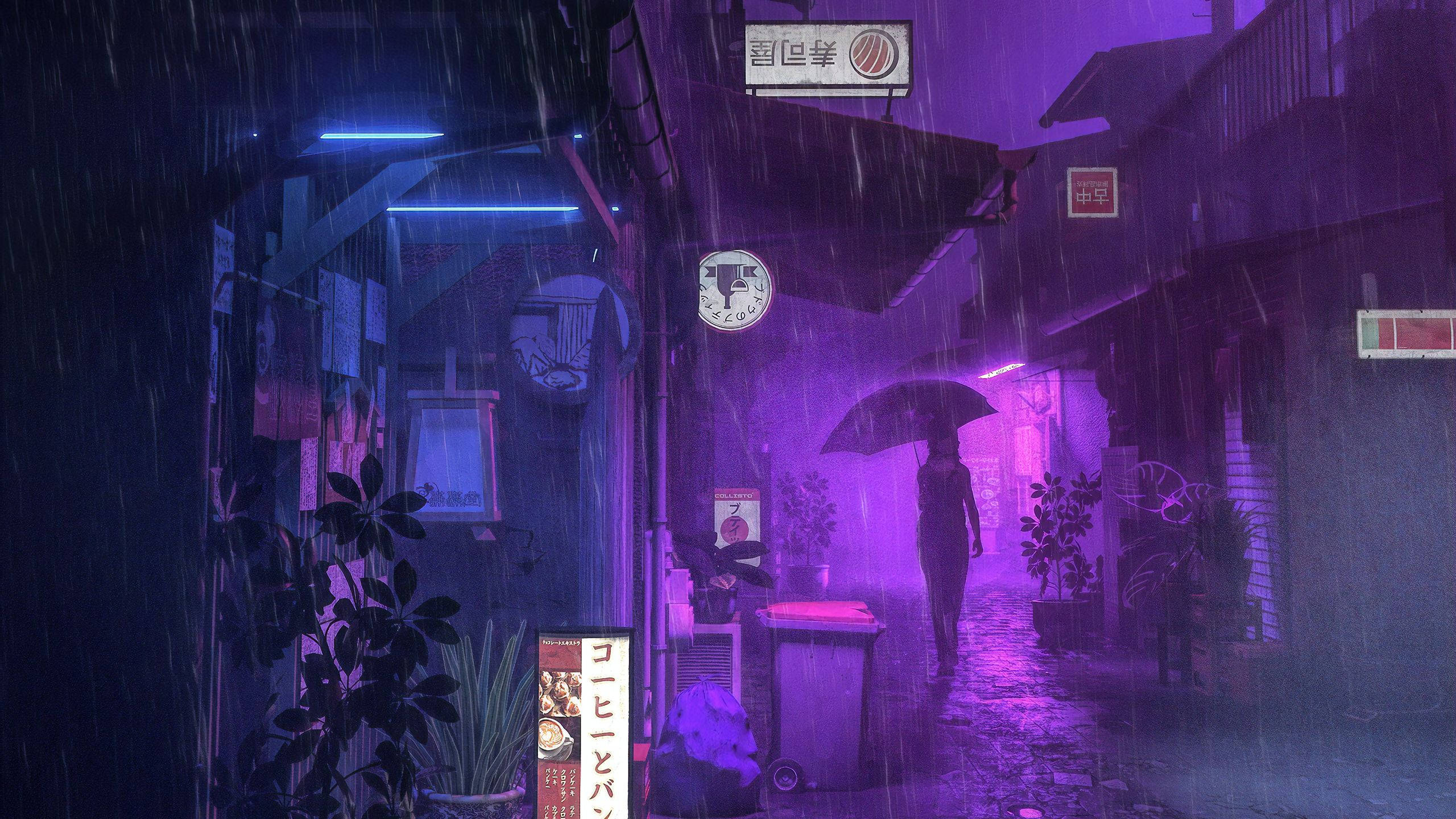 紫色動漫美學 桌布 壁紙 — 一個孤獨的身影撐著傘，在紫色暴雨中走過霓虹燈照亮的日本小巷。