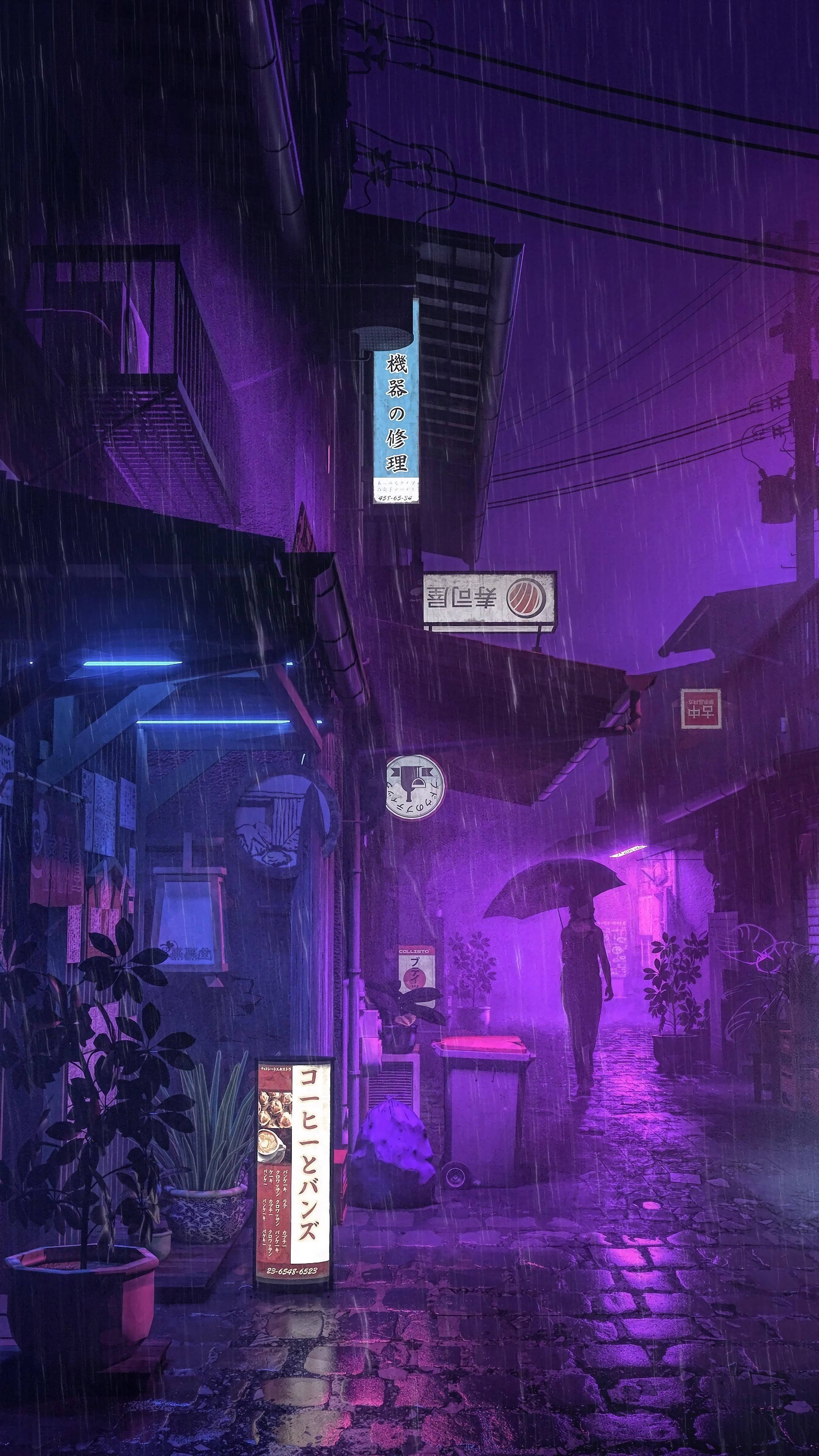 紫色動漫美學 桌布 壁紙 — 一個孤獨的身影撐著傘，在紫色暴雨中走下一條霓虹燈照亮的日本小巷。
