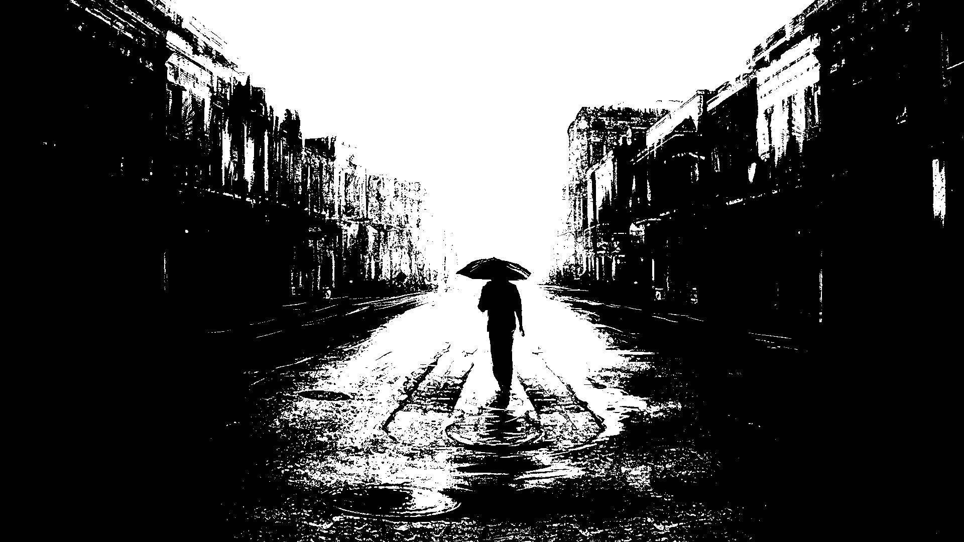 Pain Black And White 桌布 壁紙 — 一個孤獨的身影撐著傘，在雨濕的城市街道上行走，兩旁是高樓大廈，天空一片蒼白。