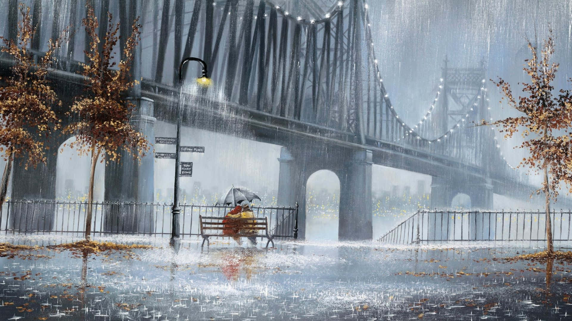 Aesthetic Rain 桌布 壁紙 — 一個孤獨的身影撐著傘，坐在長椅上，在巨大的鋼橋下，伴隨著秋天的樹木和濕漉漉的反射街道，經歷著大雨。