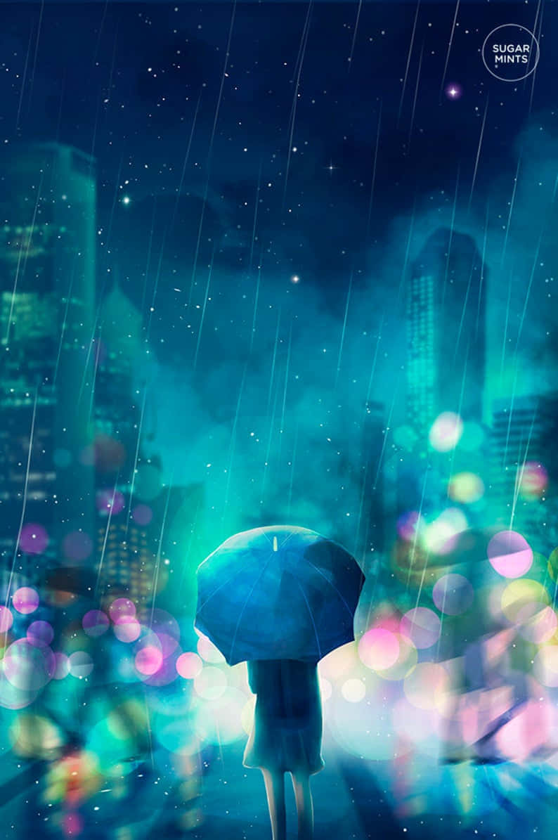 夜晚雨中撐傘的人，城市燈光與星星閃爍。 — 下雨 GIF 壁紙