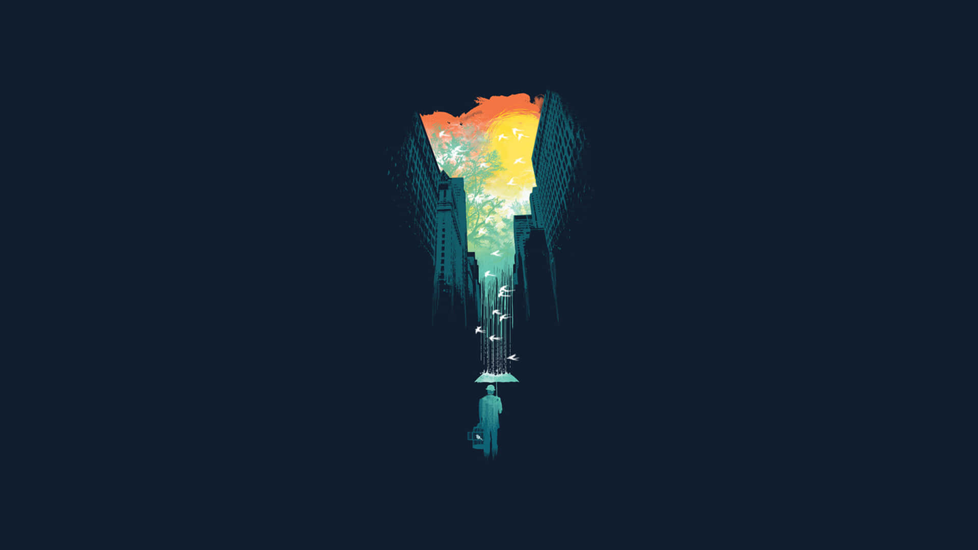 Minimalist Abstract 桌布 壁紙 — 一個孤獨的身影撐著傘，站在高聳建築物的底部，上方城市峽谷中，一輪燦爛的夕陽正綻放光芒。