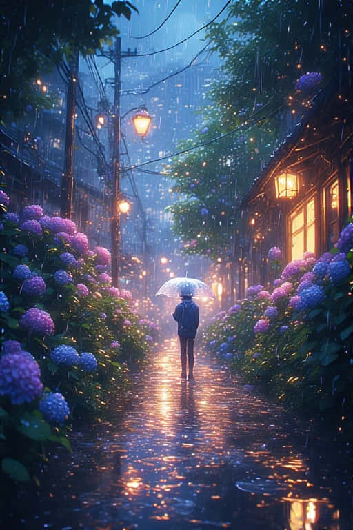 Anime Rainy Street with Hydrangeas 壁紙 — 一個孤獨的身影撐著傘，走在一條被雨水浸濕的小巷中，兩旁是發光的紫色繡球花和溫暖的燈籠。