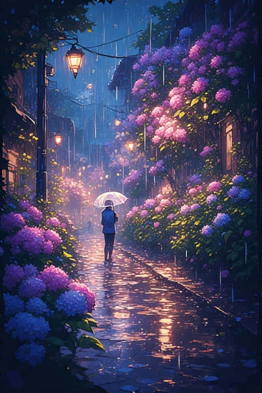 Anime Rainy Street with Hydrangeas 壁紙 — 一個孤獨的身影撐著傘，走在濕漉漉的鵝卵石小巷中，兩旁掛著發光的燈籠和鮮豔的紫色繡球花。