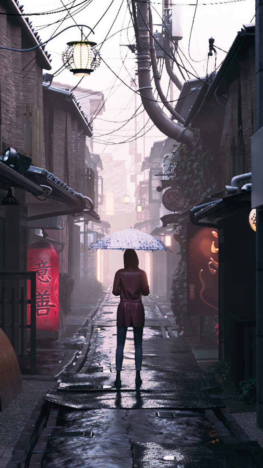City Street 桌布 壁紙 — 一個孤獨的身影撐著傘，走在霧雨濛濛的小巷中，兩旁是古老的磚砌建築，燈籠閃爍著光芒。