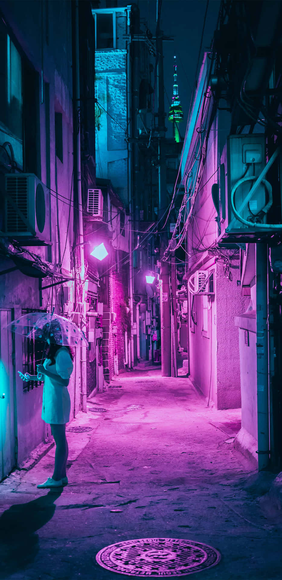 夜晚在霓虹燈小巷中撐傘的人 — Google pixel 壁紙