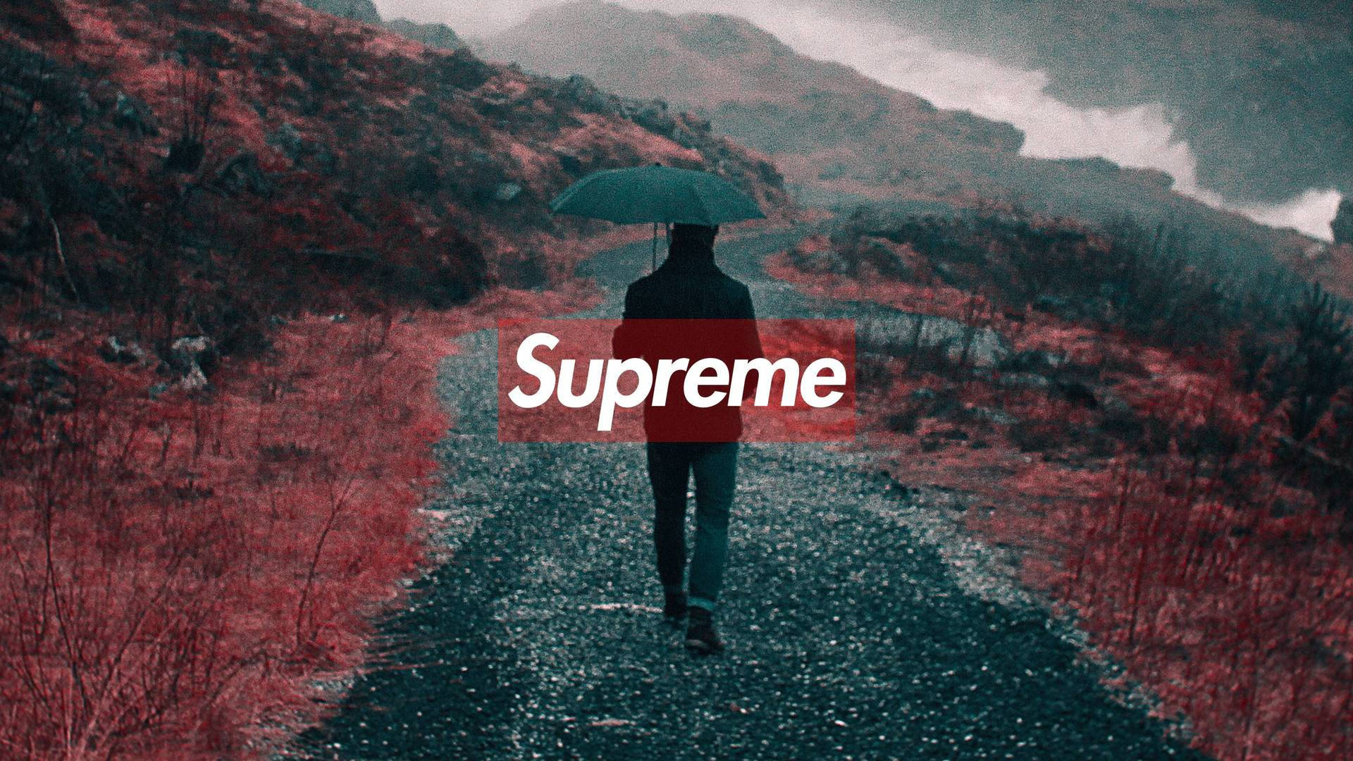 supreme 桌布 壁紙 — 一個孤獨的身影撐著傘走在碎石路上，穿過霧氣瀰漫的紅色景觀，背景有山脈。