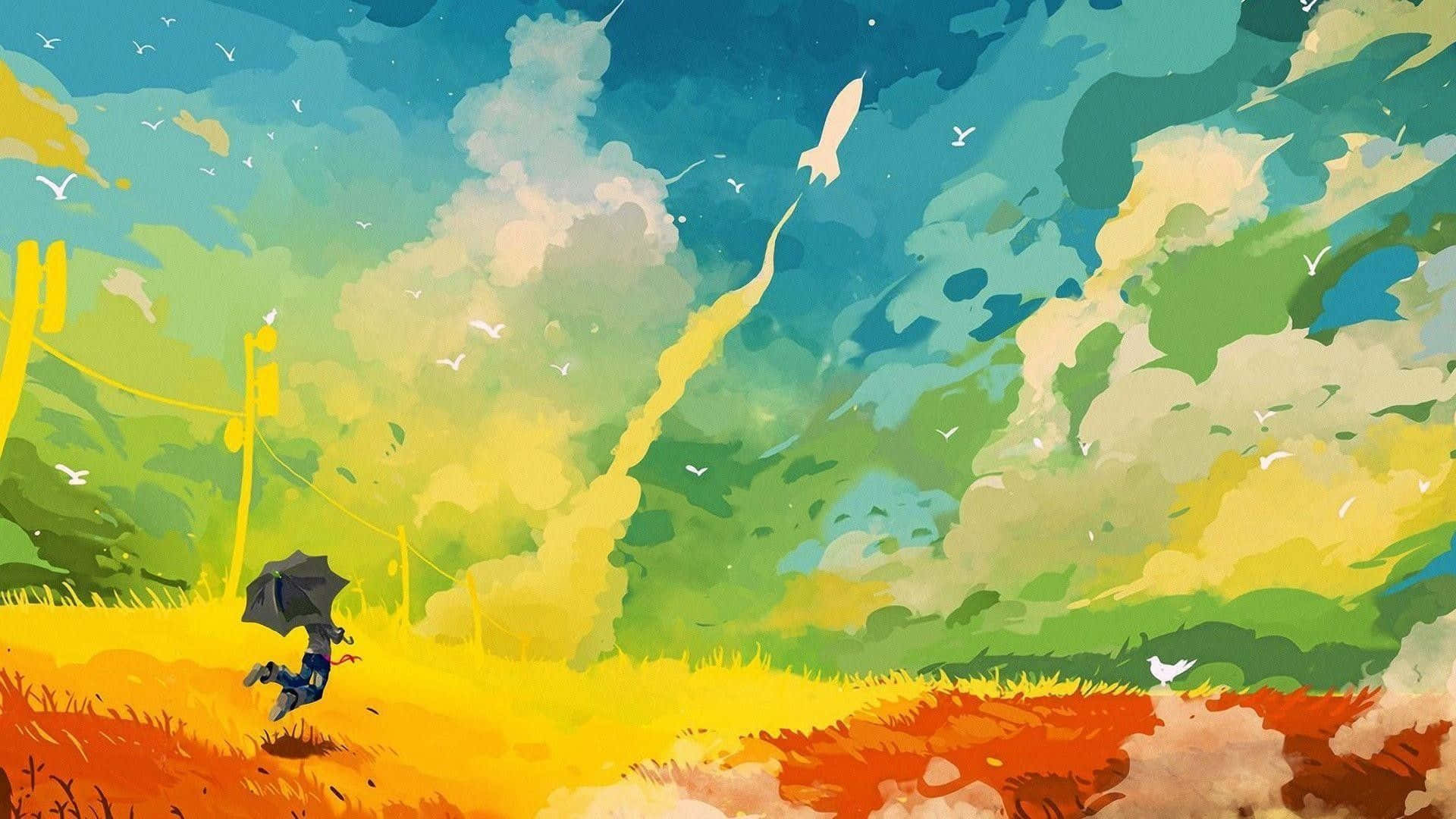 Illustration 桌布 壁紙 — 一個孤獨的身影撐著傘跑過充滿活力的田野，同時一枚火箭劃過佈滿鳥兒的色彩繽紛的天空。