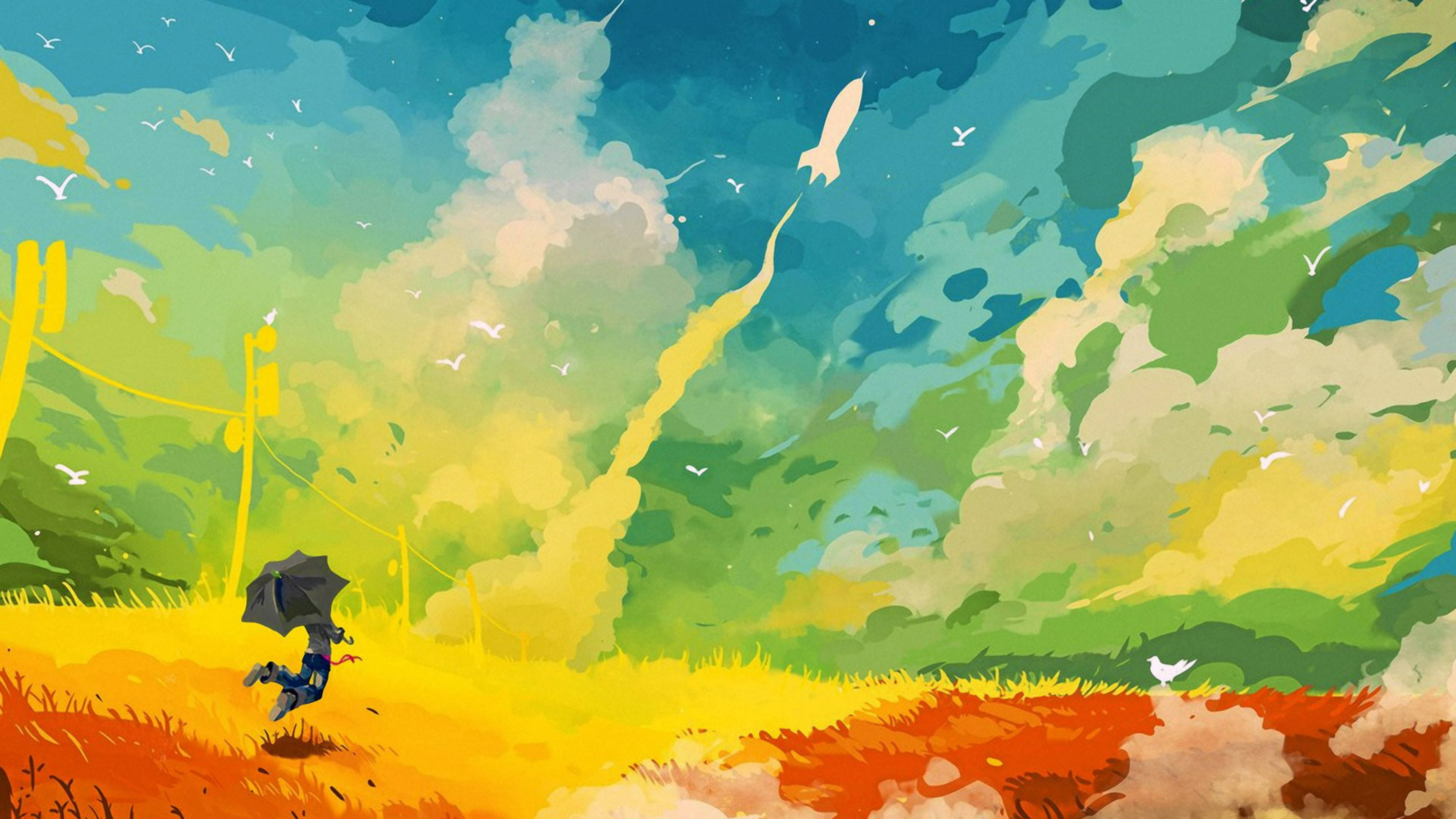 Canva 桌布 壁紙 — 一個孤獨的身影撐著傘跑過充滿活力的田野，同時一枚火箭在佈滿鳥兒的彩色天空中翱翔。