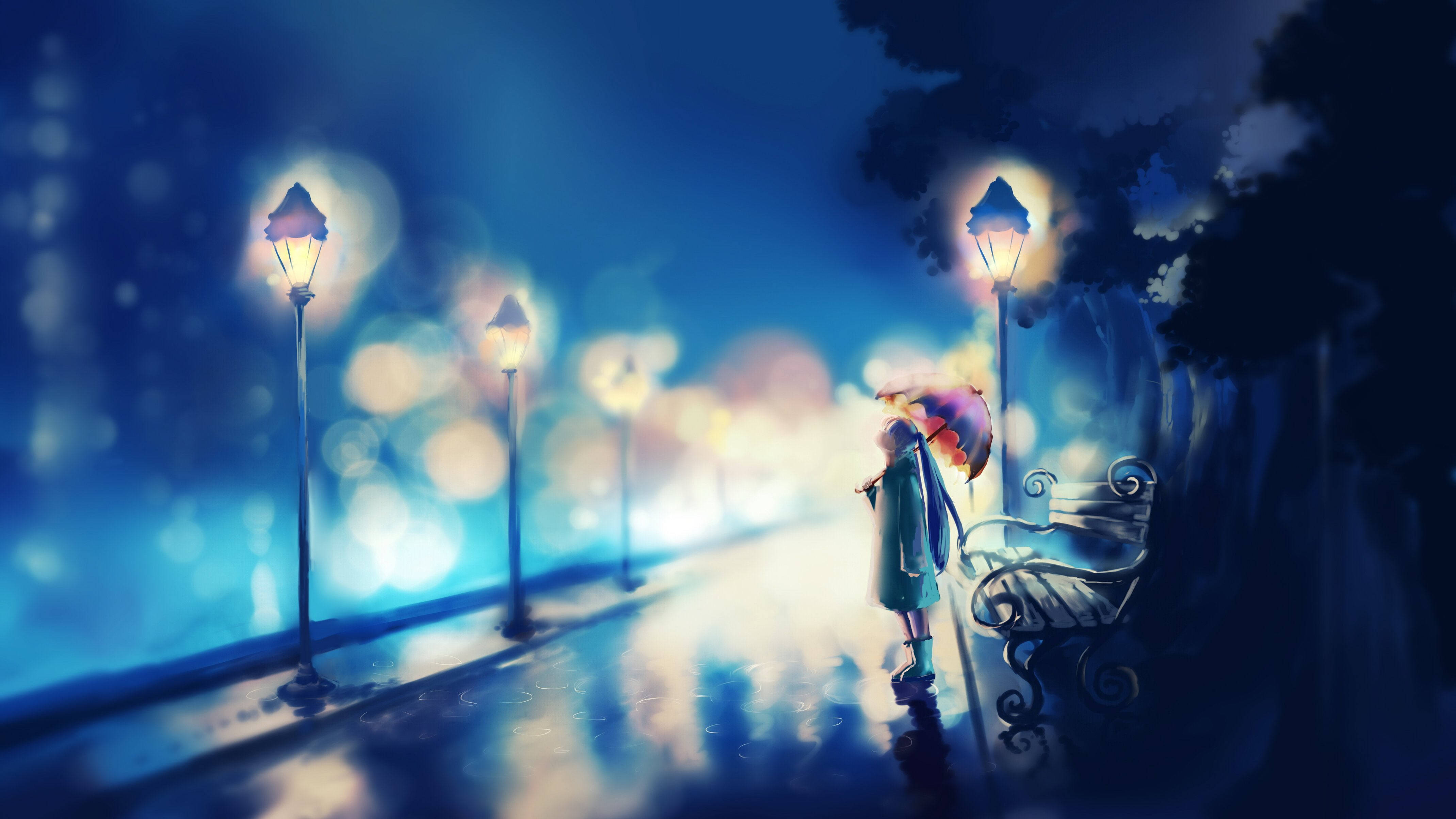 Cartoon 桌布 壁紙 — 一個孤獨的身影撐著彩色雨傘，站在夜晚被雨水浸濕的街道上，被閃爍的復古路燈和柔和散景燈光照亮。