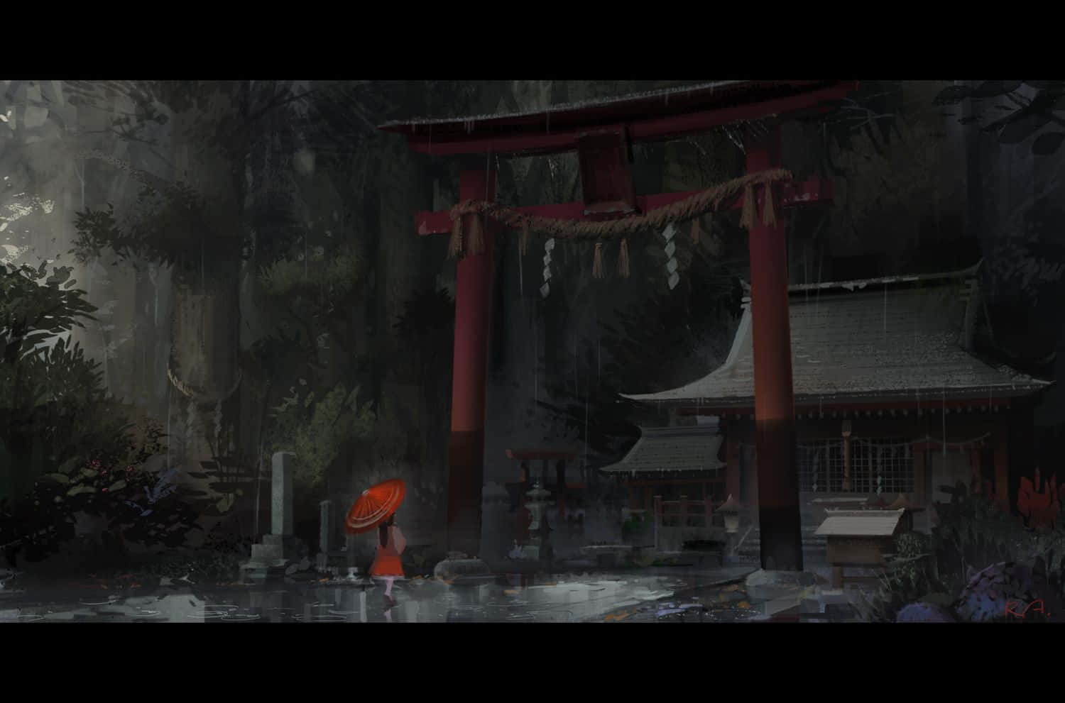 動漫 桌布 壁紙 — 一個孤獨的身影撐著橙色雨傘，穿過雨濕的森林，走向紅色的鳥居和神社。