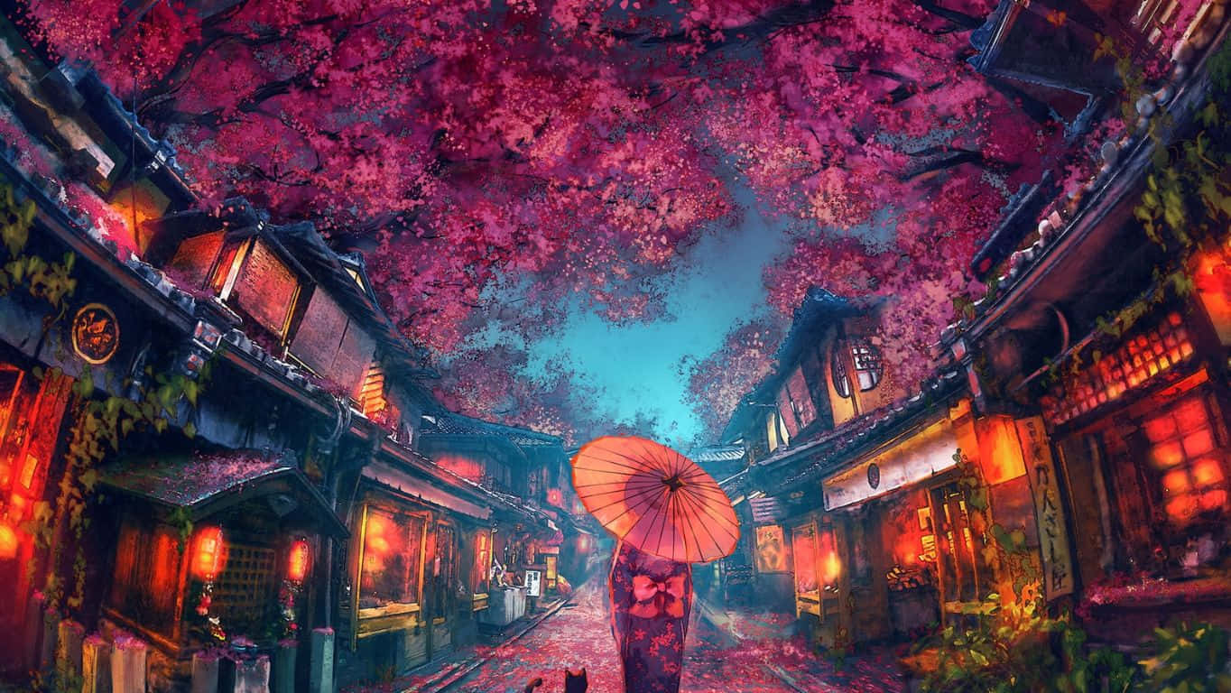 1364x768 桌布 壁紙 — 一個孤獨的身影撐著橙色雨傘，走在狹窄的日本街道上，上方是充滿活力的粉紅色櫻花樹冠，溫暖的燈籠閃爍著光芒。