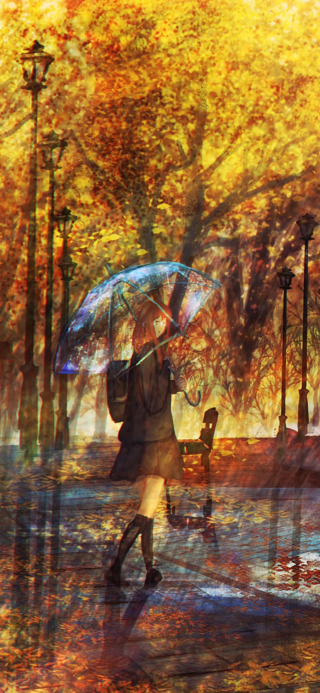 iPhone Xs Max Autumn 桌布 壁紙 — 一個孤獨的身影撐著發光的藍色雨傘，走過一個被雨水浸透的秋日公園，公園裡有金色的樹葉和復古路燈。