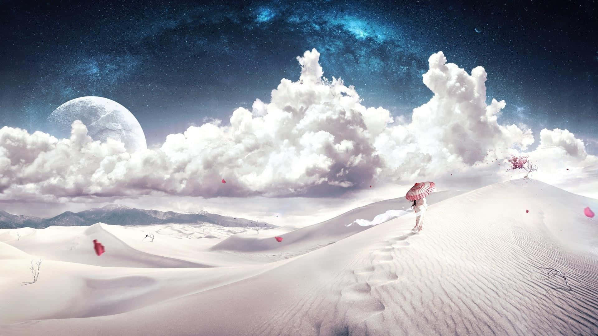 雲朵 桌布 壁紙 — 一個孤獨的身影撐著粉紅色雨傘，在星空下、大月亮和浮雲的襯托下，走過超現實的雪沙漠。