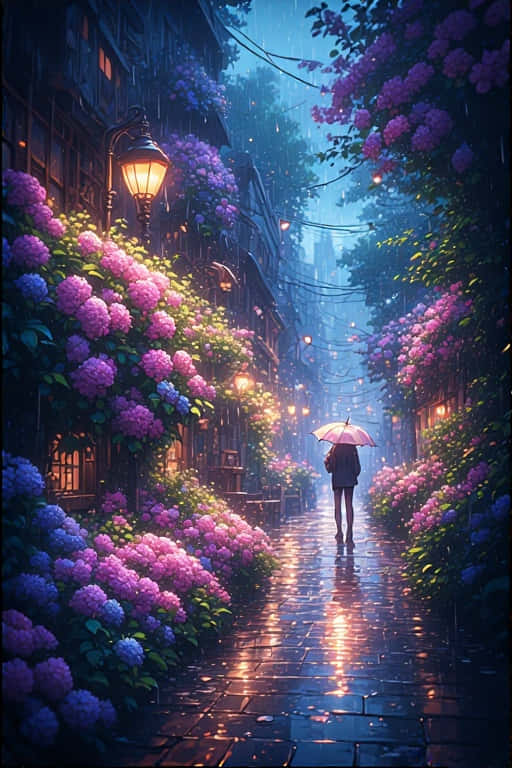 Anime Rainy Street with Hydrangeas 壁紙 — 一個孤獨的身影撐著粉紅色雨傘，走在一條被雨水打濕的鵝卵石小巷，兩旁是發光的燈籠和垂落的紫色繡球花。