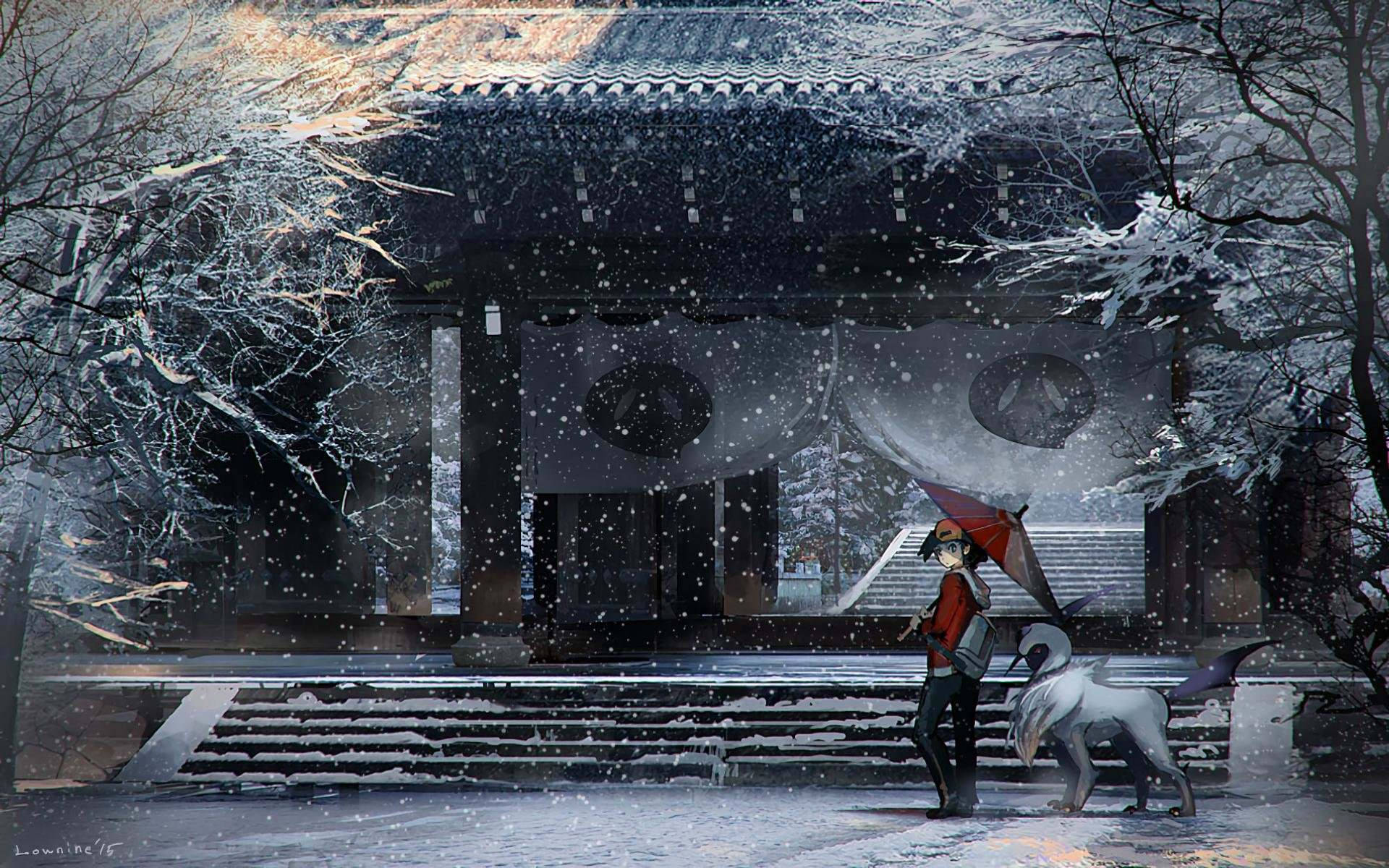 雪 桌布 壁紙 — 一個孤獨的身影撐著紅傘，在傳統日本神社前與一隻白狐並肩走在飄雪中。