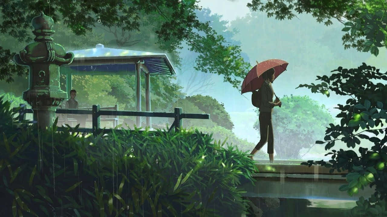 動漫藝術GIF 桌布 壁紙 — 一個孤獨的身影撐著紅傘，在細雨中沿著石徑穿過茂密的綠意。