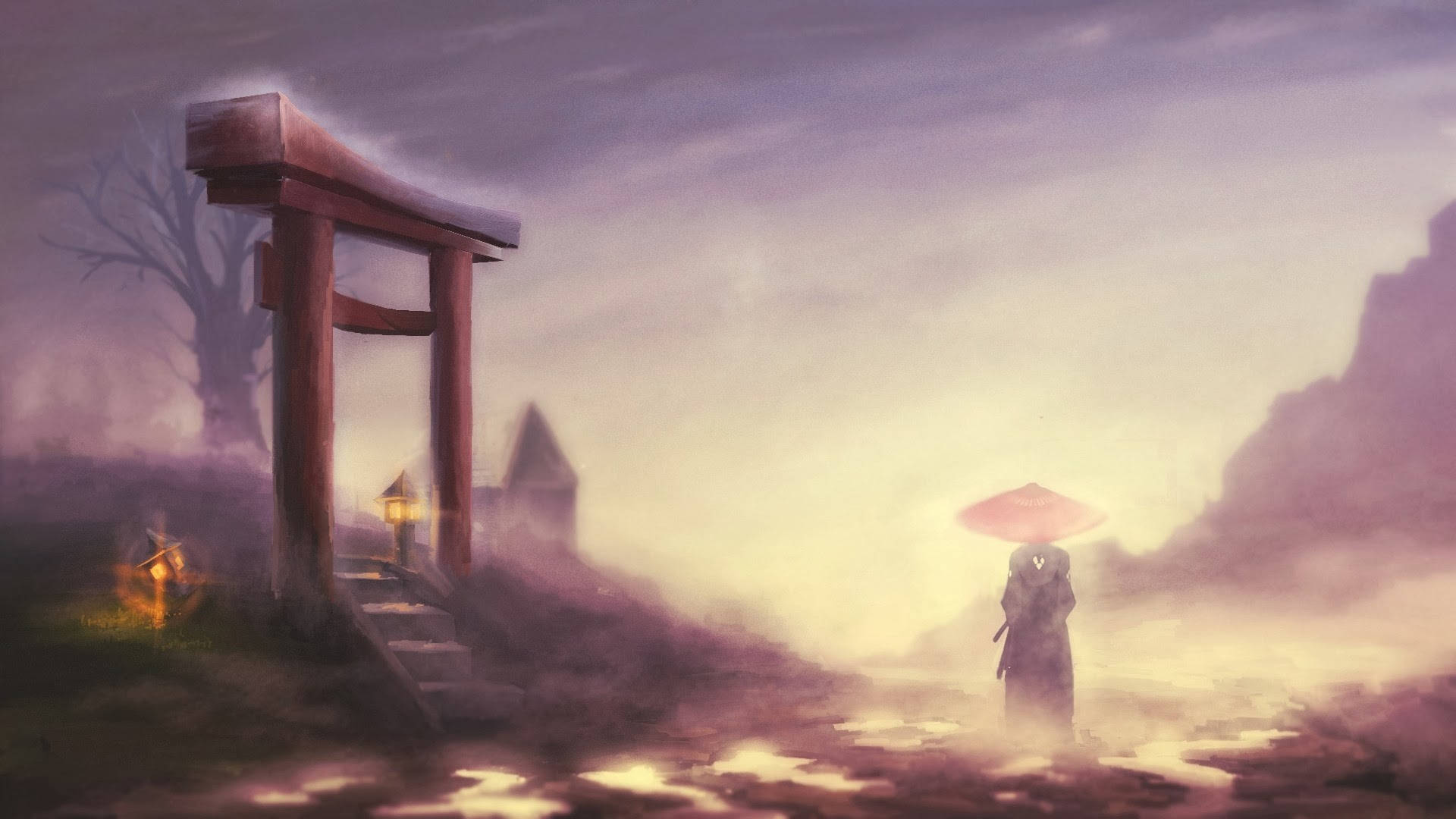 Anime Samurai 桌布 壁紙 — 一個孤獨的身影撐著紅傘，在霧氣瀰漫的紫色黎明中，走過一座被燈籠光照亮的木製鳥居。