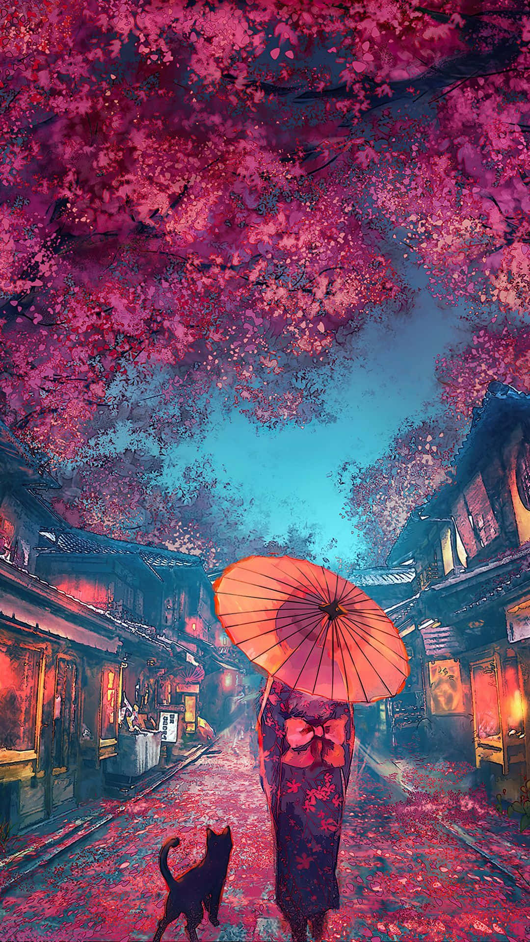 日本 桌布 壁紙 — 一個孤獨的身影撐著紅傘，在黃昏的傳統日本街道上，走在充滿活力的粉紅櫻花樹冠下。