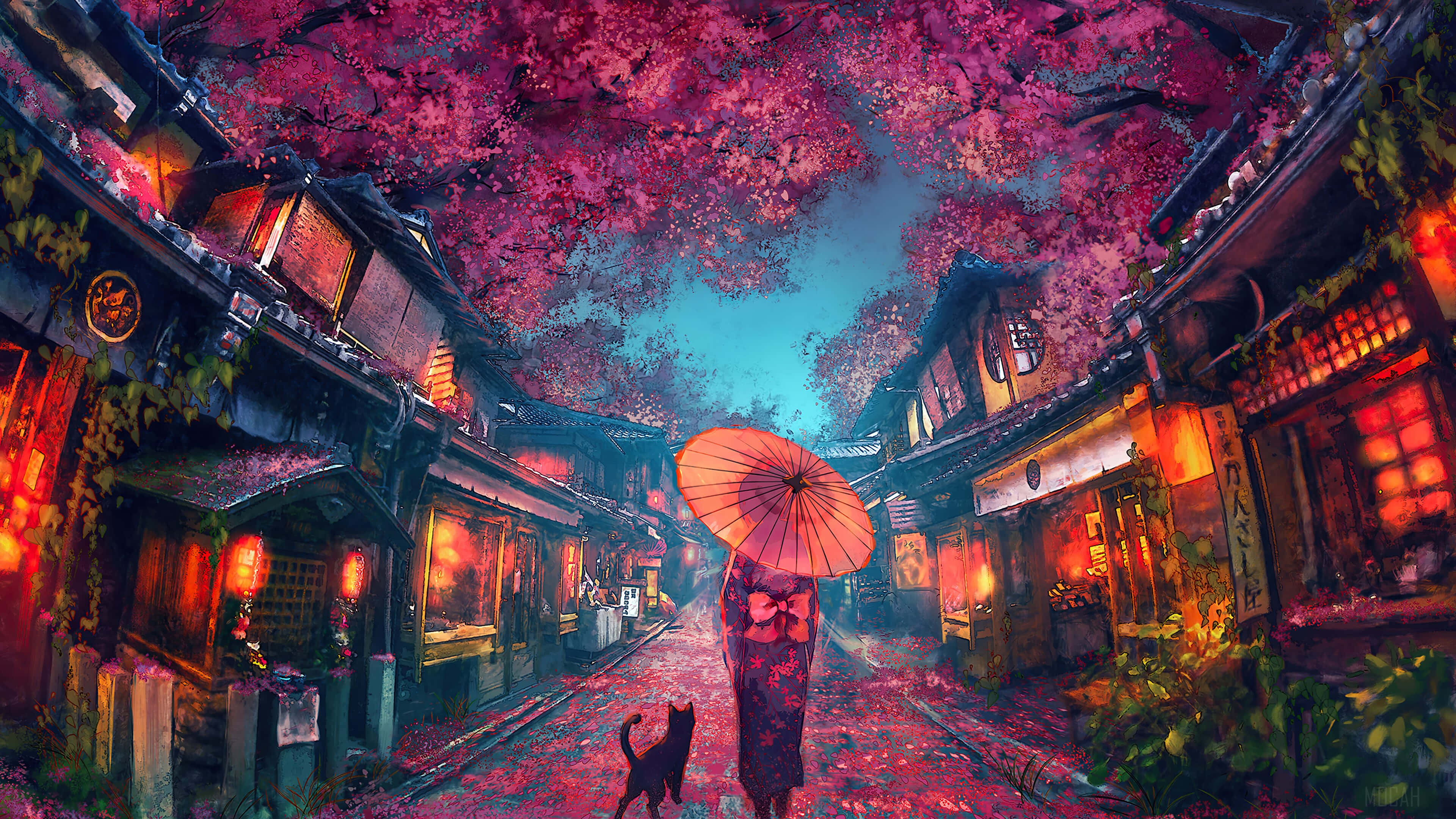 桌布 壁紙 — 一個孤獨的身影撐著紅傘，帶著一隻黑貓，走在燈籠照亮的日本街道上，上方是發光的粉紅色櫻花樹冠。