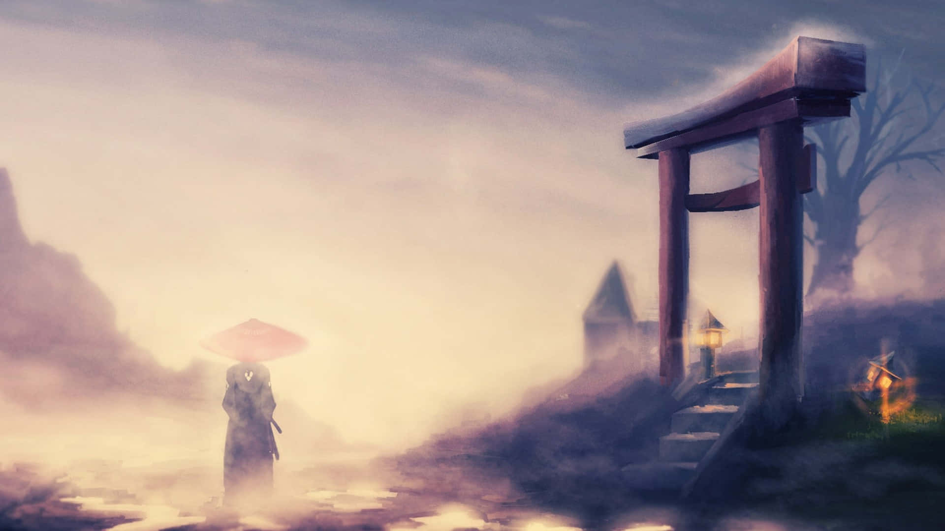 武士動畫 桌布 壁紙 — 一個孤獨的身影撐著紅傘，穿過迷霧走向一座木製鳥居，鳥居散發著溫暖的燈籠光芒。