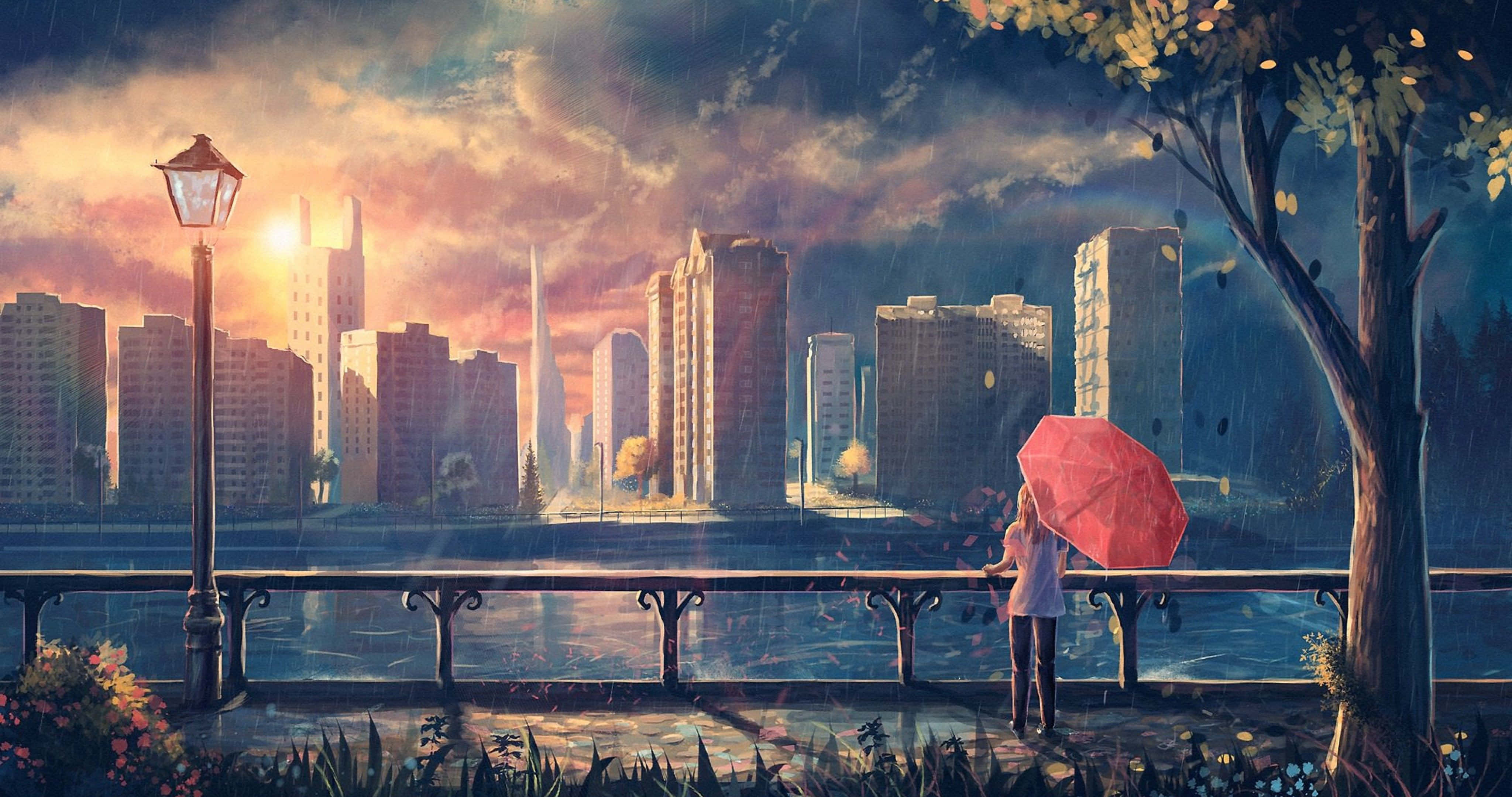 Beautiful Anime Scenery 桌布 壁紙 — 一個孤獨的身影撐著紅傘，站在欄杆旁，俯瞰著日落時分雨中的城市景觀，溫暖的燈光閃爍。