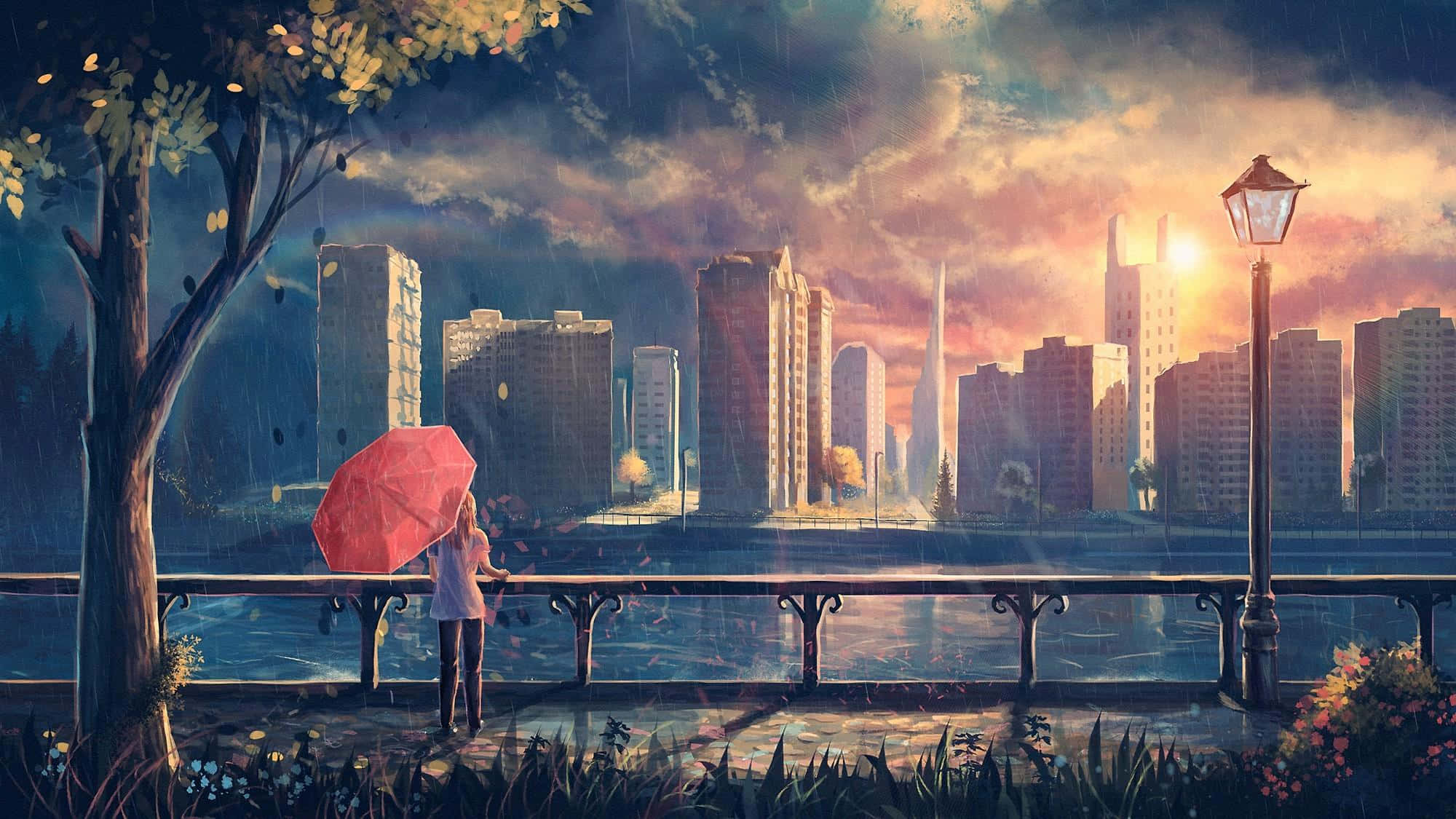 Aesthetic Anime City 桌布 壁紙 — 一個孤獨的身影撐著紅傘，站在雨中河邊的欄杆上，俯瞰著夕陽下閃爍的城市天際線。