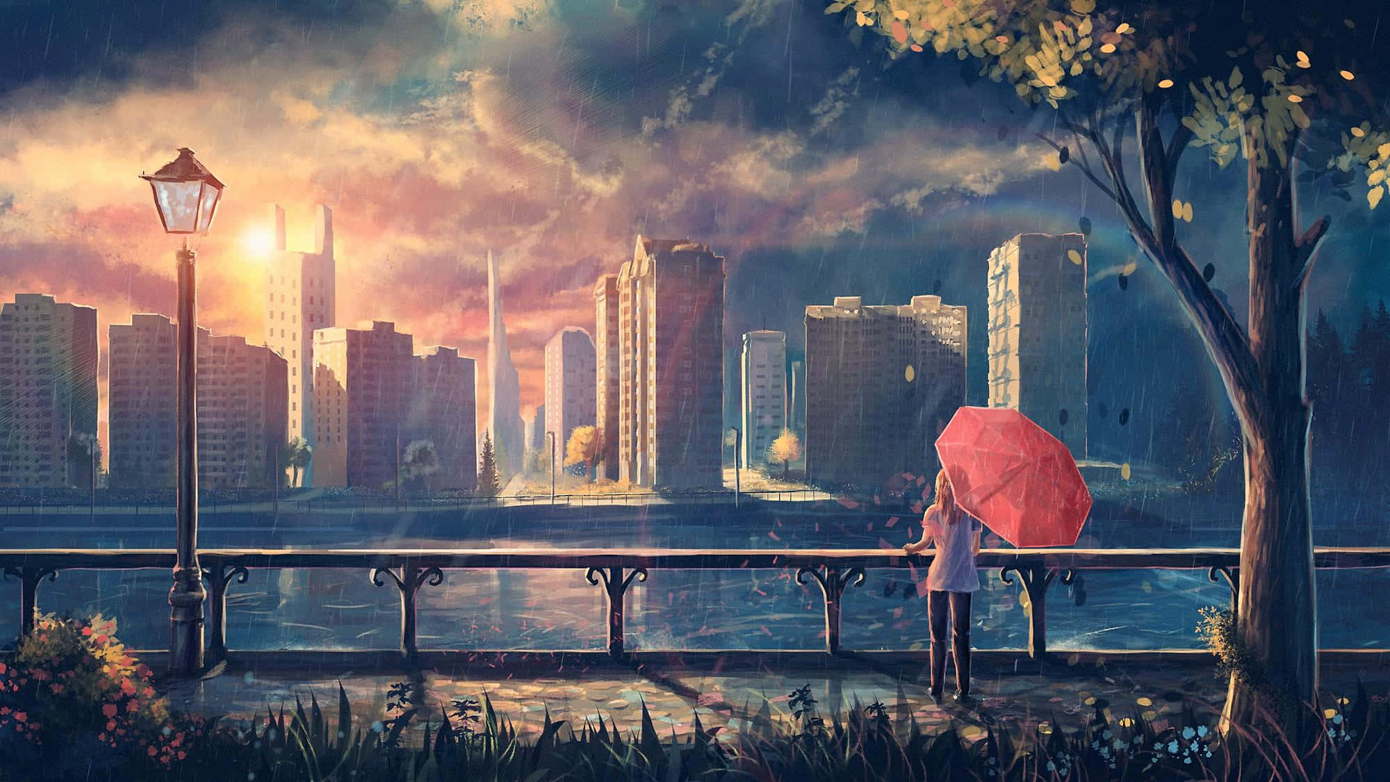 動漫女孩 桌布 壁紙 — 一個孤獨的身影撐著紅傘，站在雨中的城市河岸，夕陽下凝視著摩天大樓，天空壯麗。