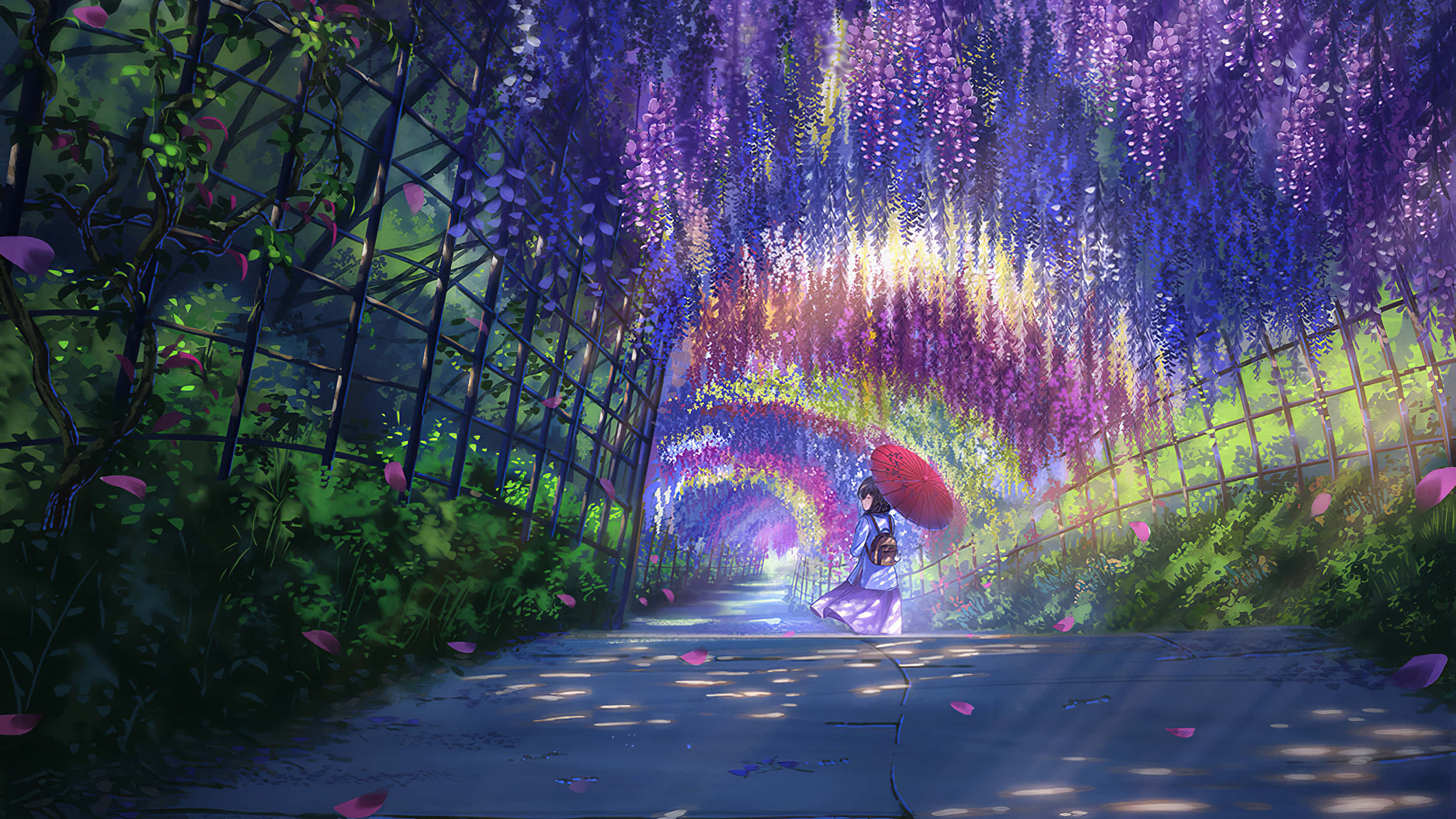 Wisteria 桌布 壁紙 — 一個孤獨的身影撐著紅傘，走在散發柔和光芒的紫色紫藤隧道下。