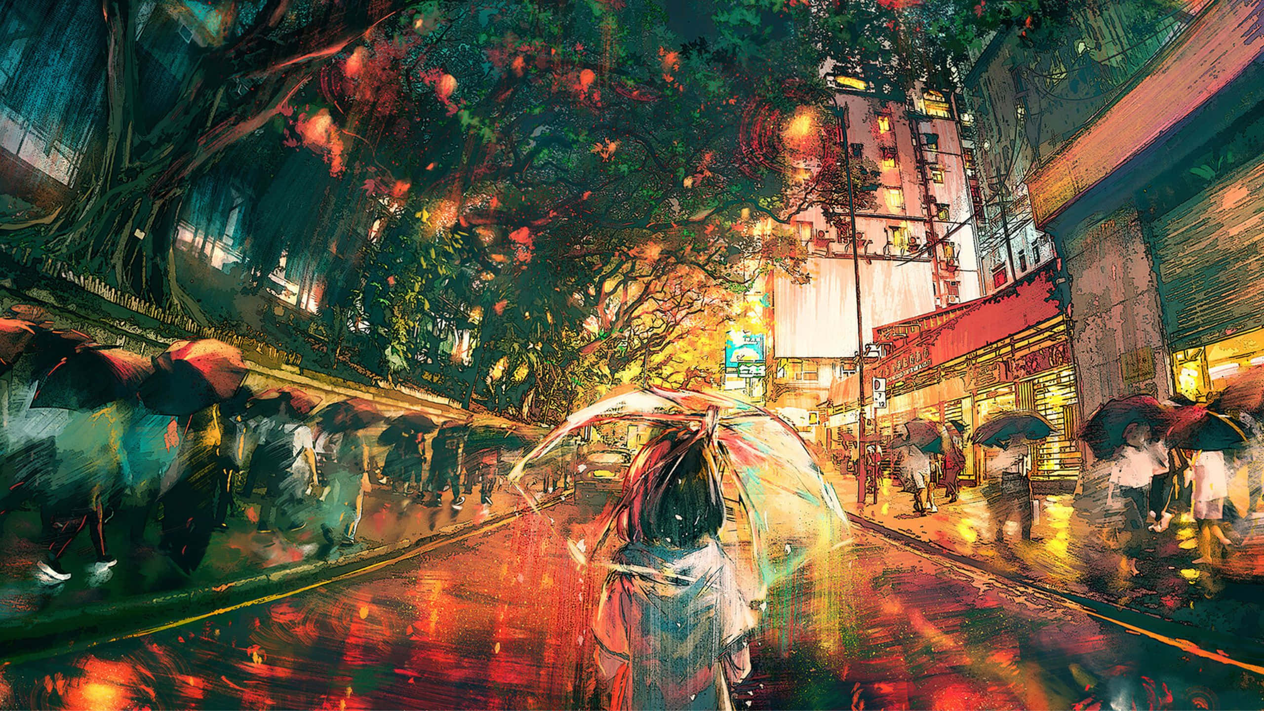 1440p Travel 桌布 壁紙 — 一個孤獨的身影撐著透明雨傘，在發光的樹下走過被雨水浸透的霓虹燈城市街道。