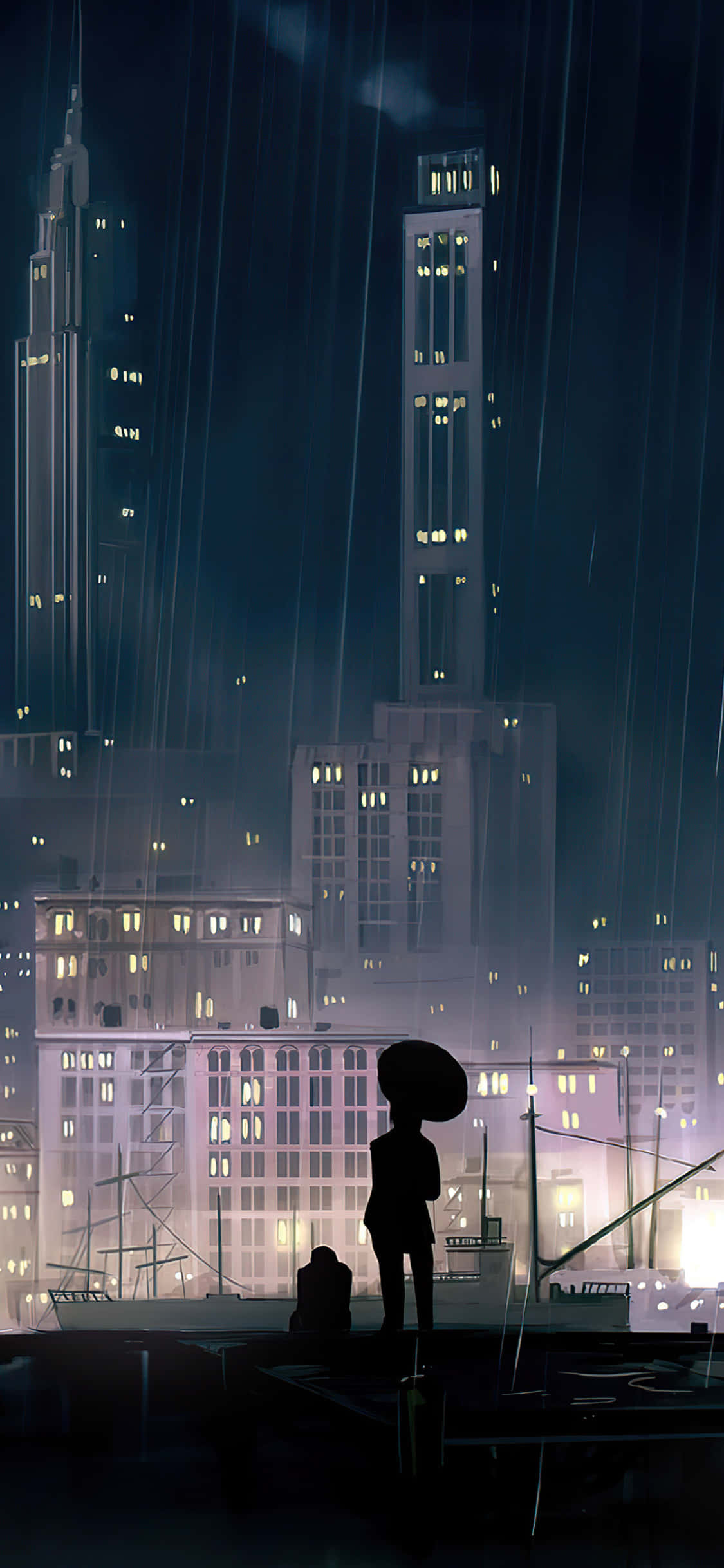 動漫城市 桌布 壁紙 — 一個孤獨的身影撐著雨傘，在夜晚的碼頭上，在傾盆大雨中，以發光的城市摩天大樓為背景形成剪影。